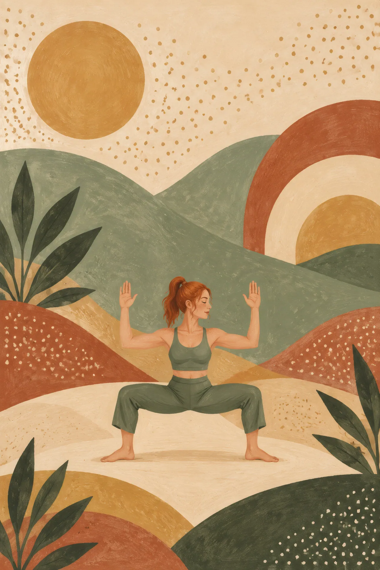 Mid-century boho abstract painting of a red-haired woman in Goddess Pose with cactus arms before rounded sage hills, cream arches, rust shapes, and a stippled sky.