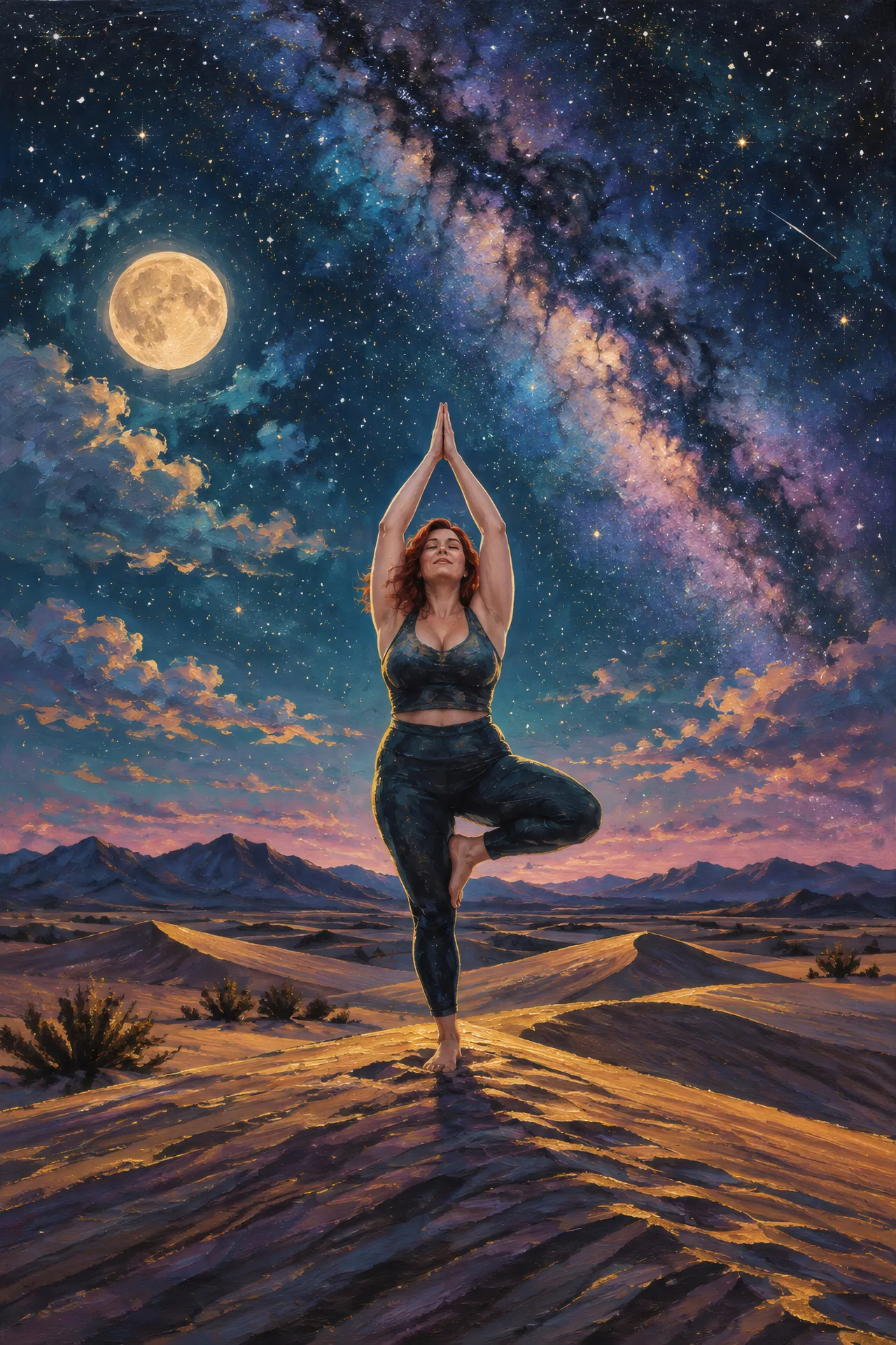 Acrylic night-sky painting of a curvy auburn-haired woman in Tree Pose on a desert dune beneath a glowing moon, fine stars, and teal, violet, rose, and gold clouds.