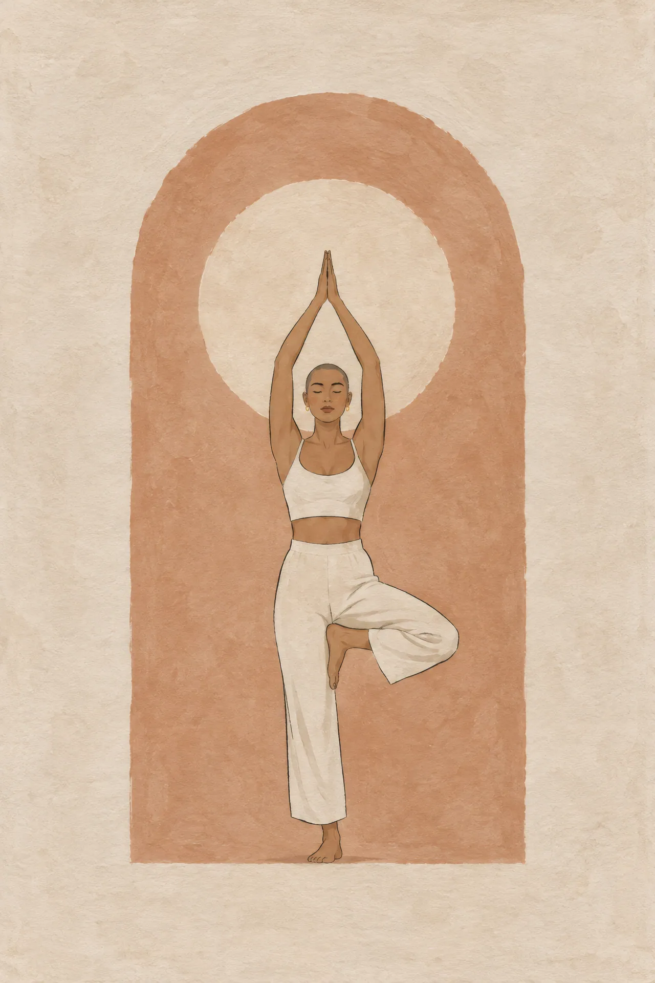 Minimalist Japandi gouache painting of a woman with a shaved head and gold earrings holding Tree Pose beneath a terracotta arch, with soft sand and bone white tones.