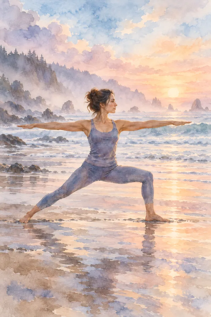 Watercolor painting of a woman in Warrior II pose on a misty beach at dawn, arms outstretched, the sunrise reflected in the wet sand.