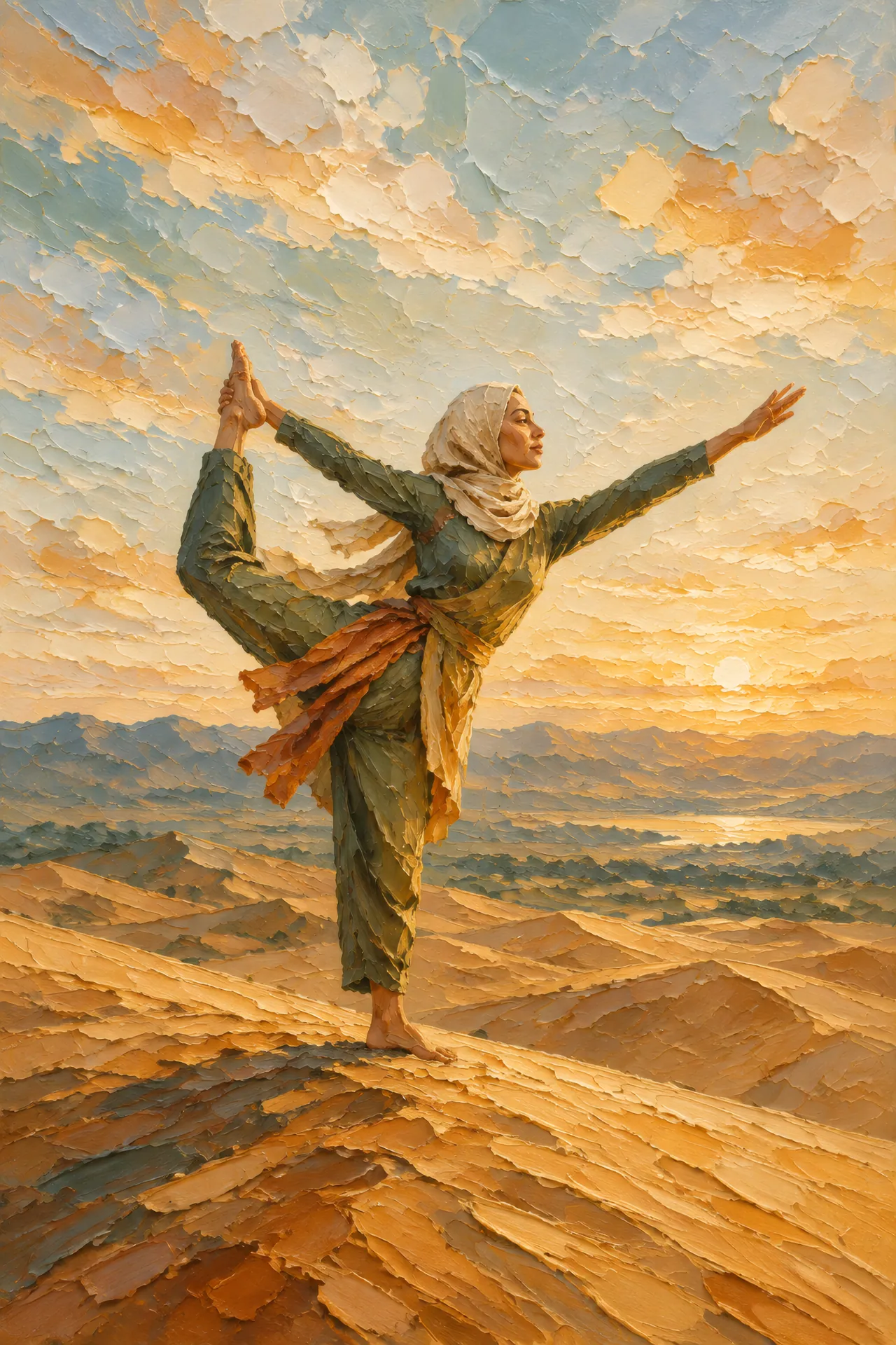 Palette-knife acrylic painting of a woman in a modest yoga outfit and headscarf holding Dancer's Pose on a sand dune beneath a glowing ochre sky.