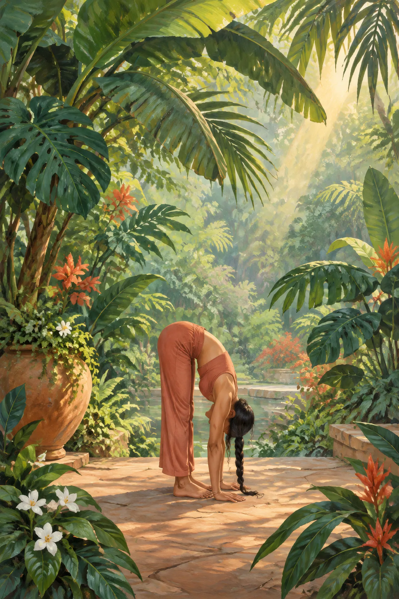 Botanical gouache painting of a South Asian woman with a long dark braid folding forward among monstera, banana, and palm leaves in dappled garden light.