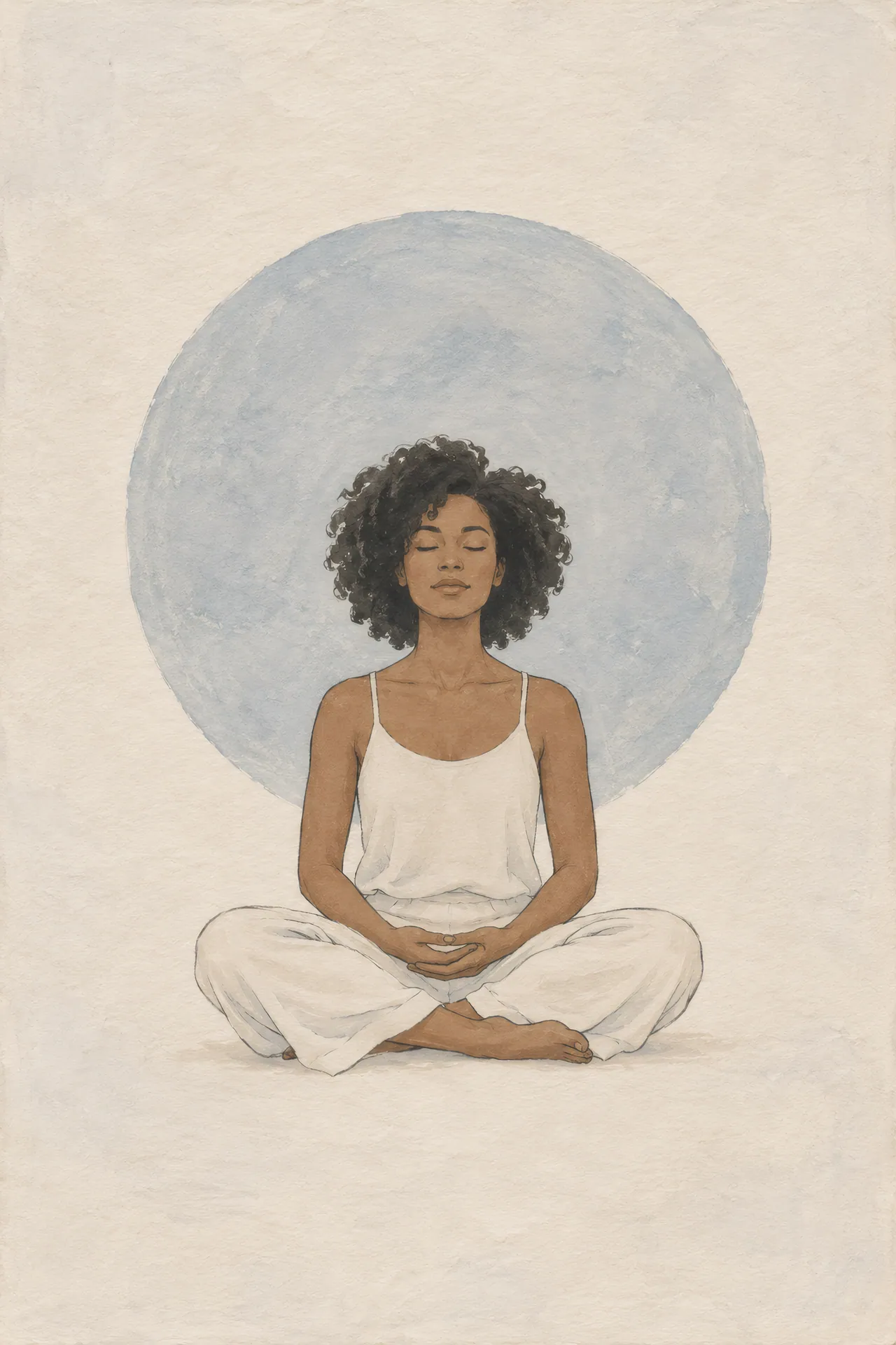 Minimalist Japandi gouache painting of a Black woman with natural curly hair sitting cross-legged with closed eyes and hands in her lap against a pale rectangular wash.
