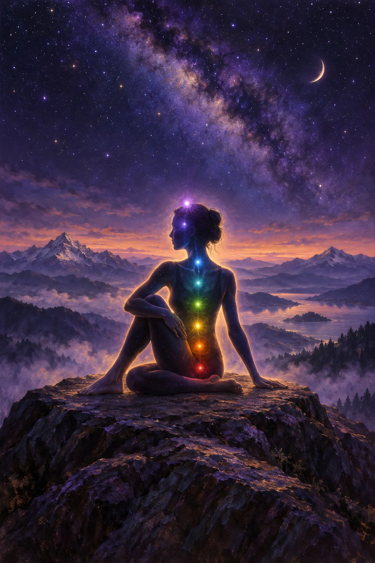 Luminous acrylic and glaze painting of a silhouetted figure in Seated Twist on a mountain summit, with seven colored lights along the spine beneath the first stars.