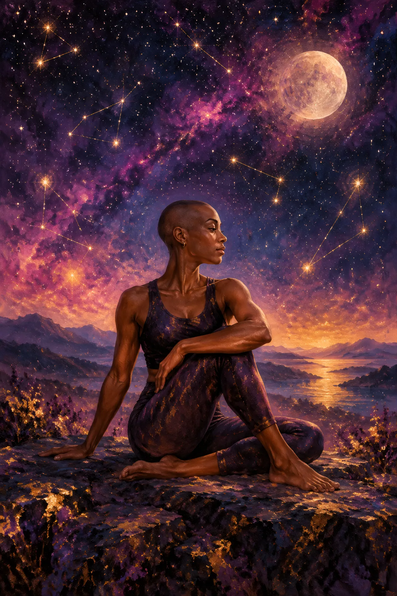 Night-sky acrylic painting of a woman with a shaved head holding Seated Twist beneath a glowing moon, surrounded by gold constellations and purple nebula clouds.
