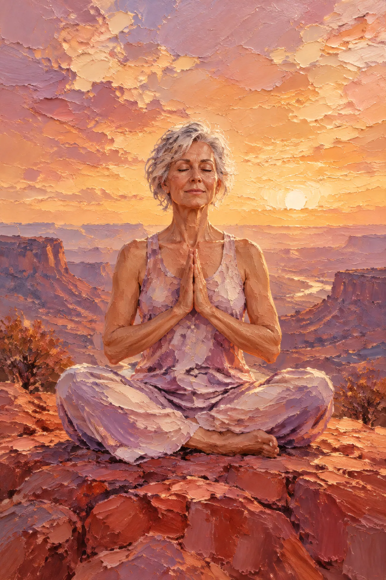 Palette knife acrylic painting of an older silver-haired woman seated cross-legged in prayer on a red desert mesa beneath a glowing amber sky.