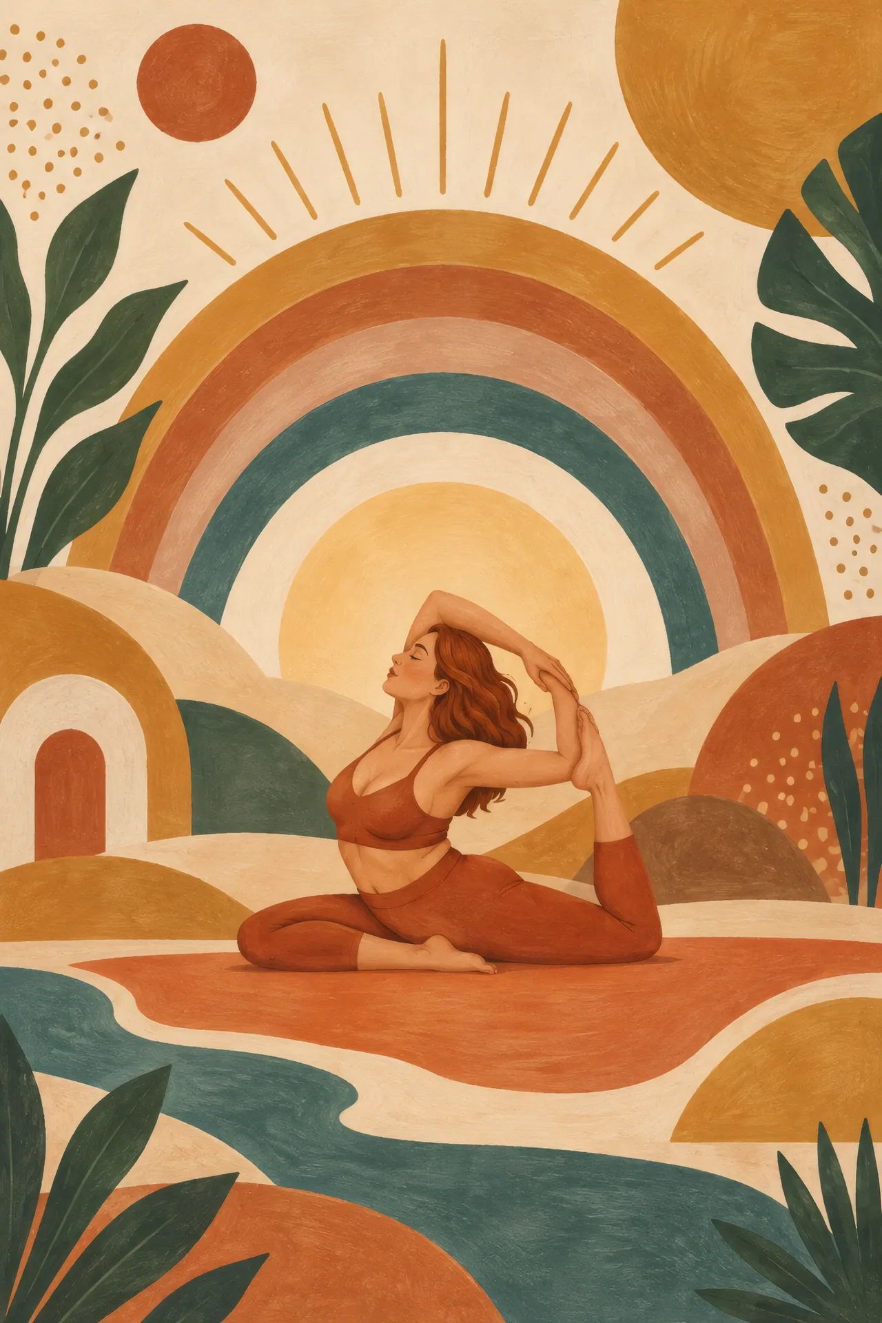 Mid-century boho gouache painting of a curvy woman with auburn hair holding King Pigeon Pose before layered ochre, teal and clay rainbow arches.