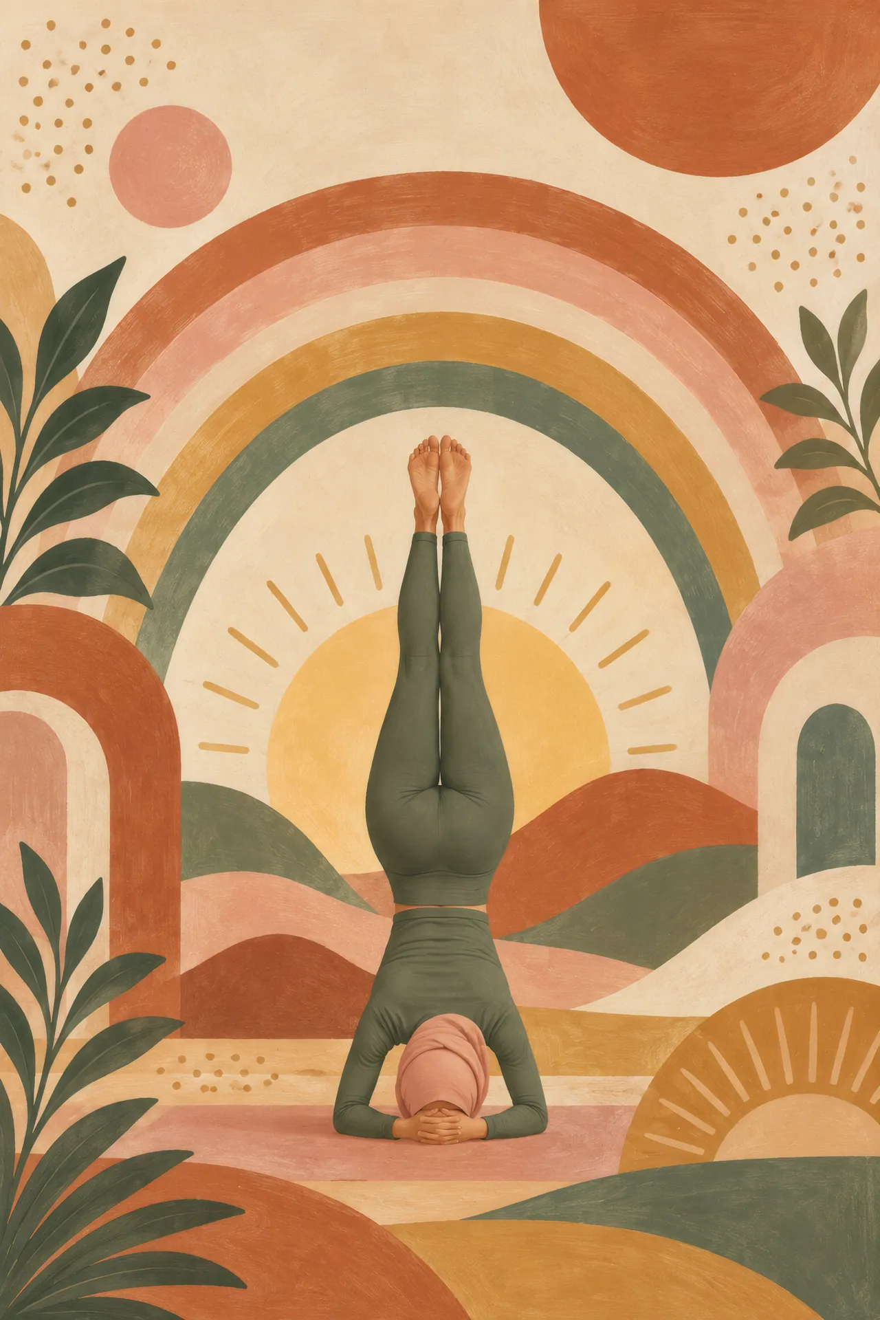 Mid-century boho abstract painting of a woman in a modest yoga outfit and headscarf holding Headstand before terracotta, mustard, pink, sage, and cream arches.