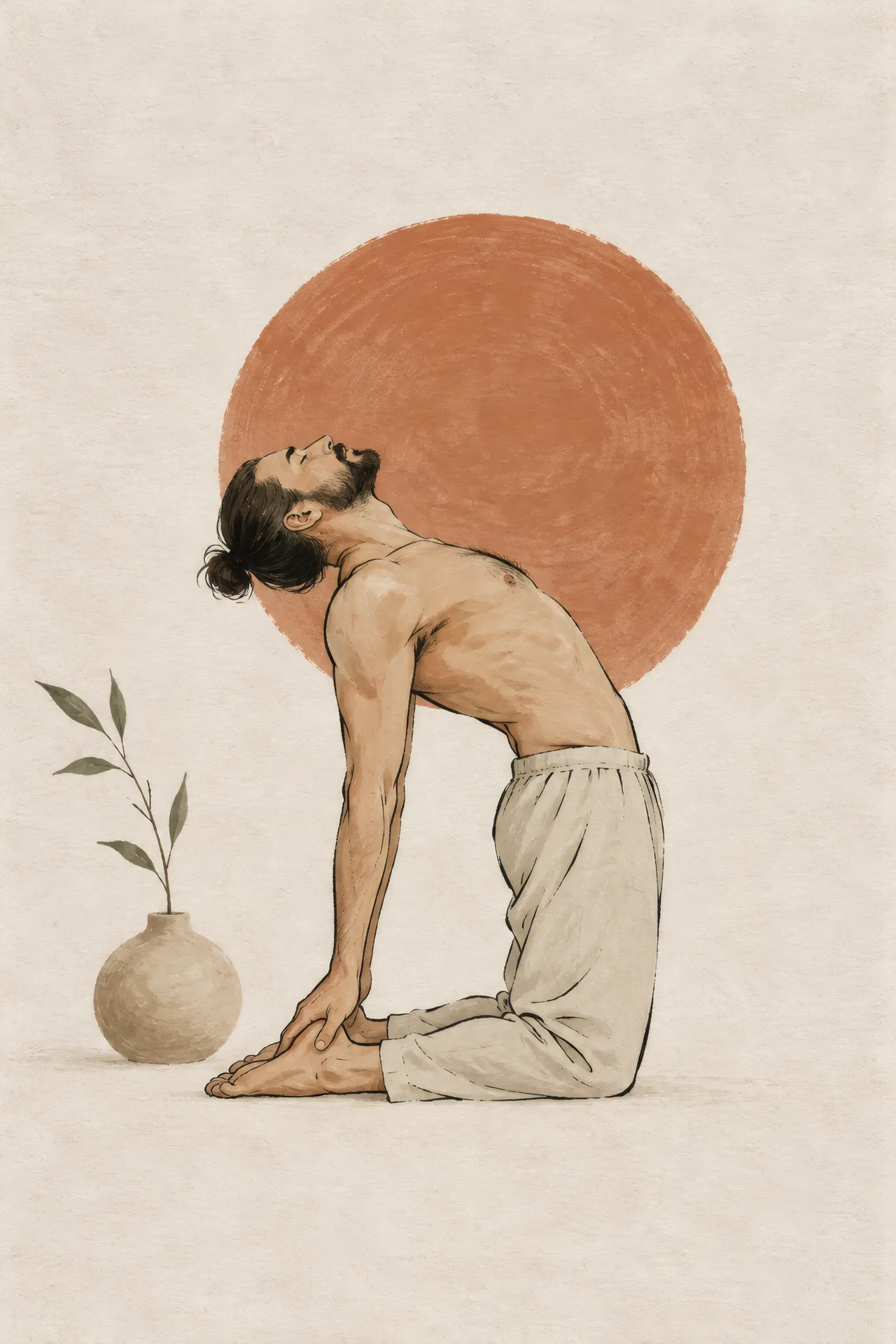 Minimalist Japandi gouache painting of a bearded man with tied-back hair arching into Camel Pose beside a small ceramic vase with one stem.