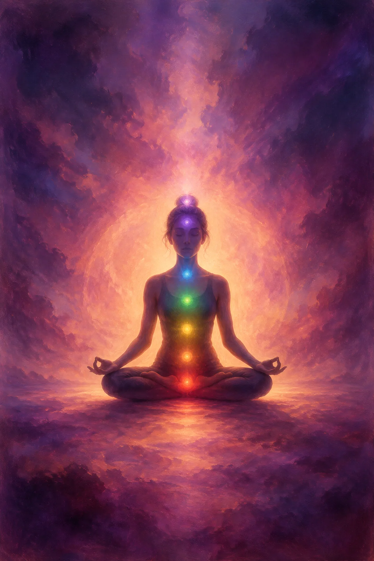 Luminous acrylic and glaze painting of a calm silhouette in Lotus Pose, surrounded by a soft halo and seven glowing chakra lights against a purple and rose background.