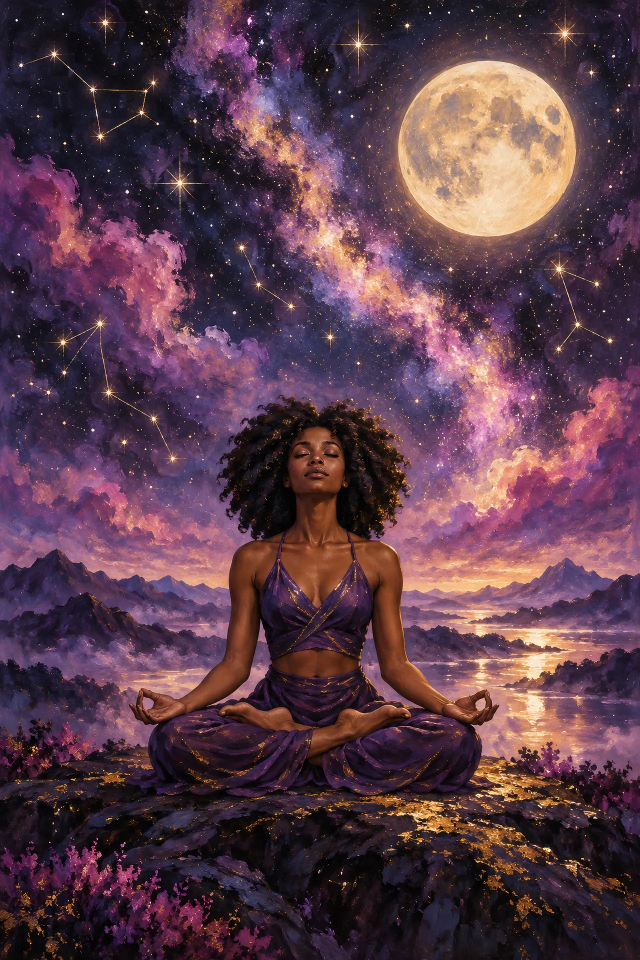 Night-sky acrylic painting of a Black woman with curly hair seated in Lotus Pose beneath a glowing moon, surrounded by purple nebula clouds, white stars, and gold constellations.