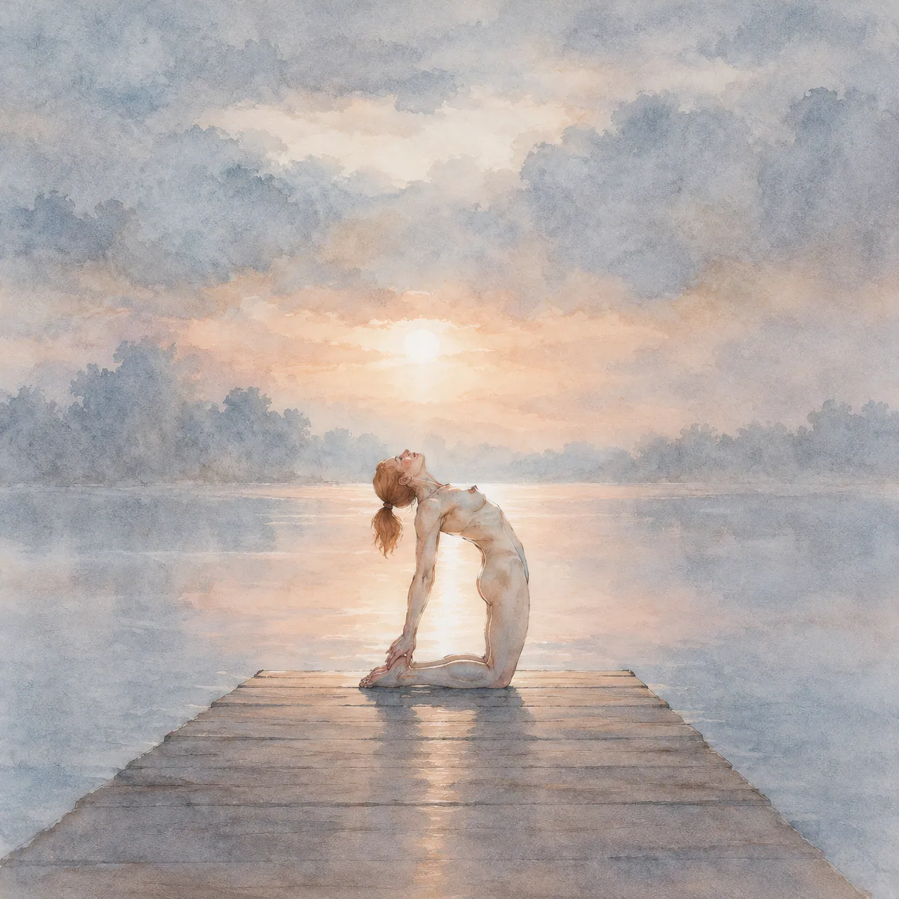 Watercolor painting of a red-haired woman with freckled shoulders arching into Camel Pose on a wooden jetty above a still lake at sunrise.