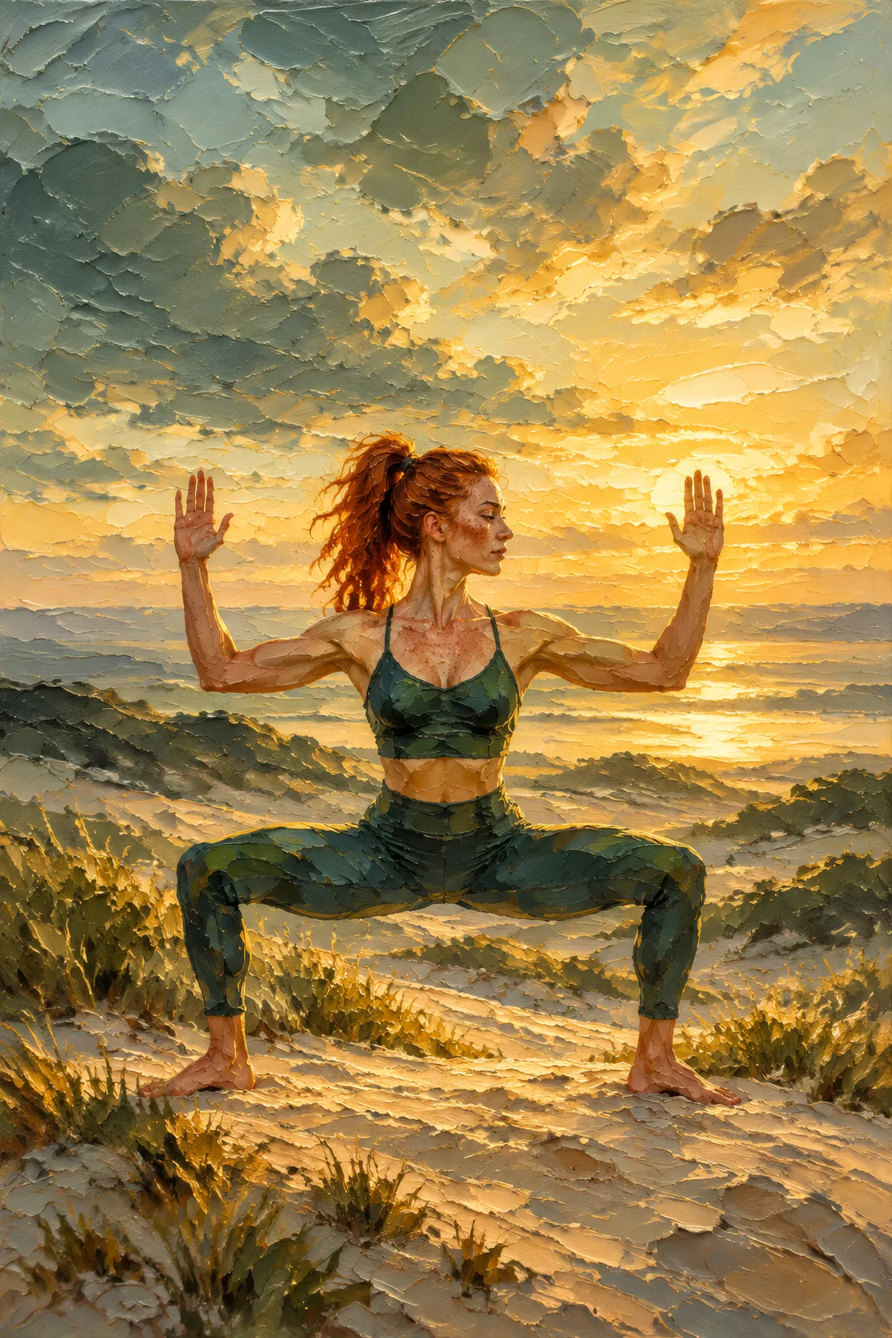 Palette knife acrylic painting of a red-haired woman in Goddess Pose on a sand dune beneath a glowing sky, with thick forest green, moss, honey, and stone gray strokes.