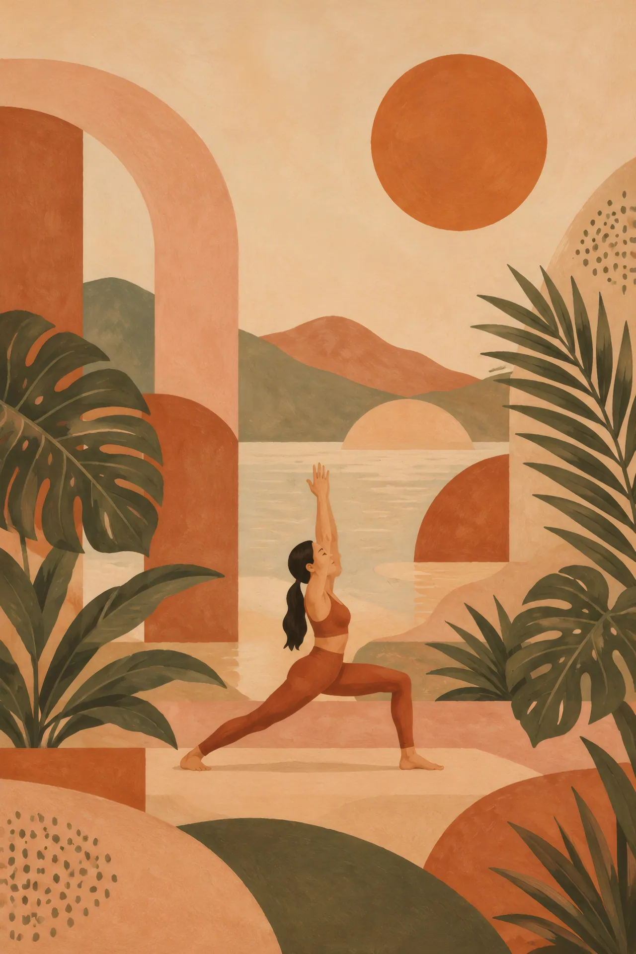 Mid-century boho gouache painting of an East Asian woman in Warrior I beneath abstract arches and half suns, framed by monstera and palm leaves in rust, olive, and peach.