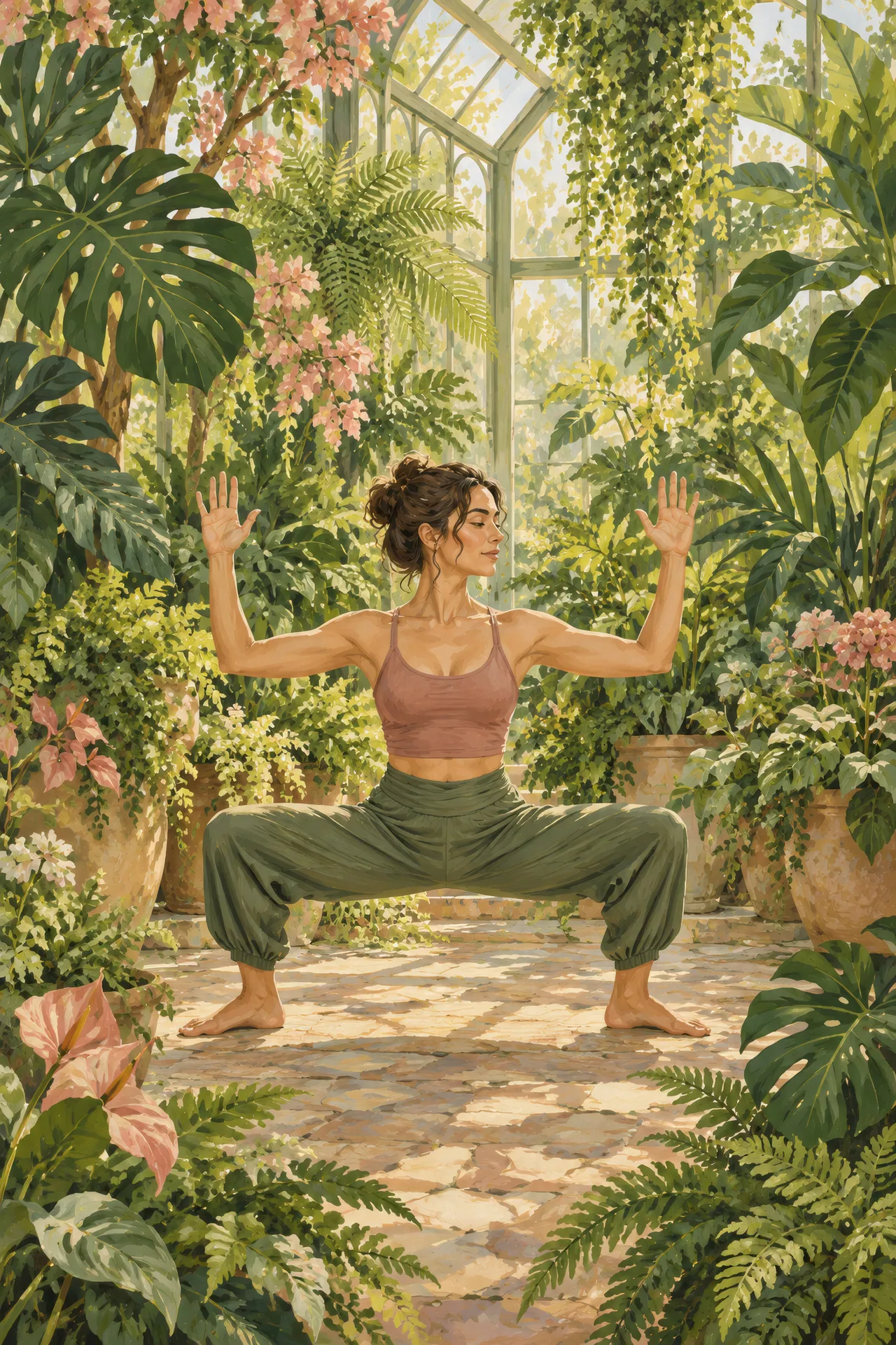 Botanical gouache painting of a dark-haired woman in Goddess Pose with cactus arms among lush ferns and tropical leaves in a sunlit greenhouse.