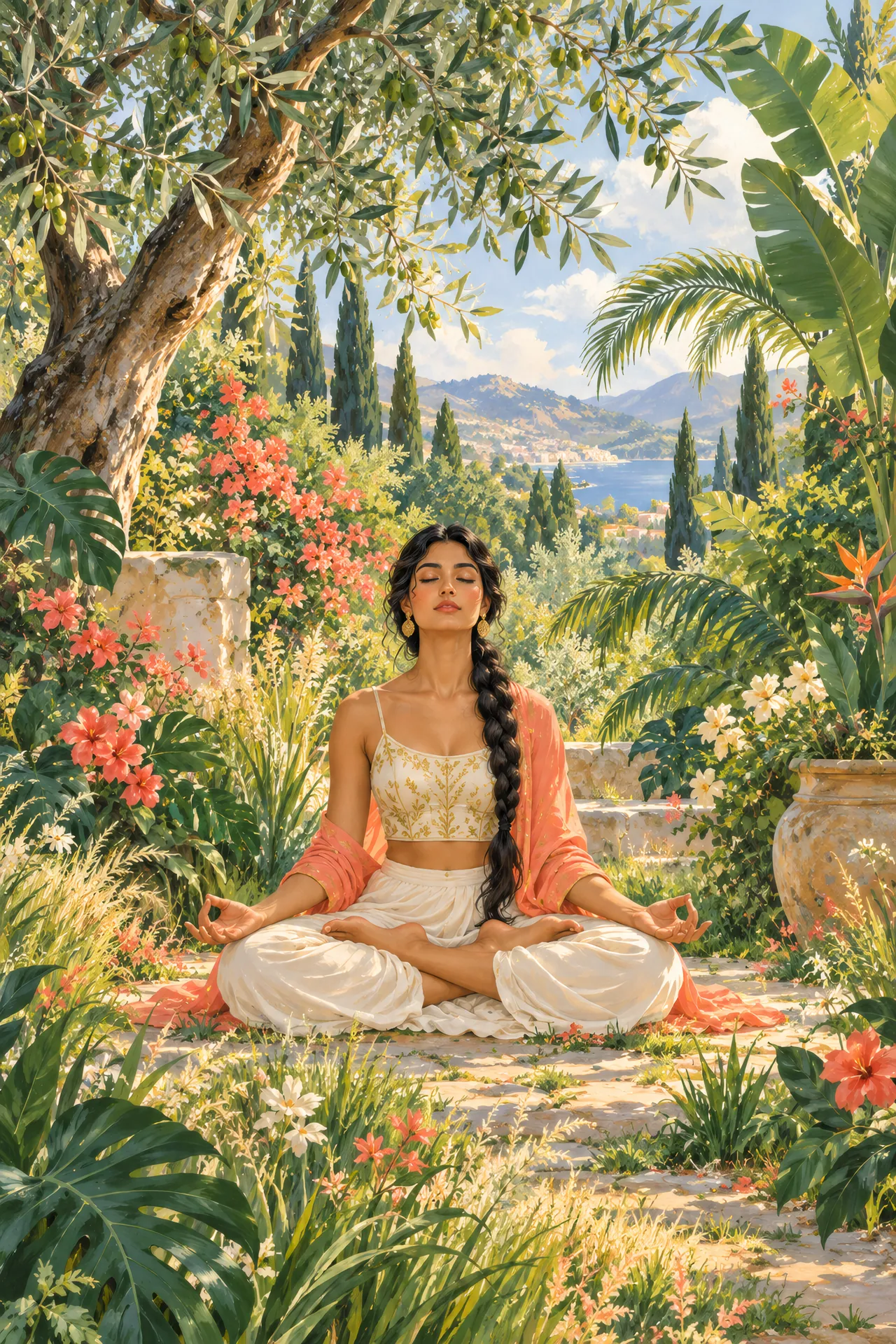 Botanical gouache painting of a South Asian woman with a long dark braid meditating in Lotus Pose among layered green leaves, olive branches, and wild grasses in dappled light.