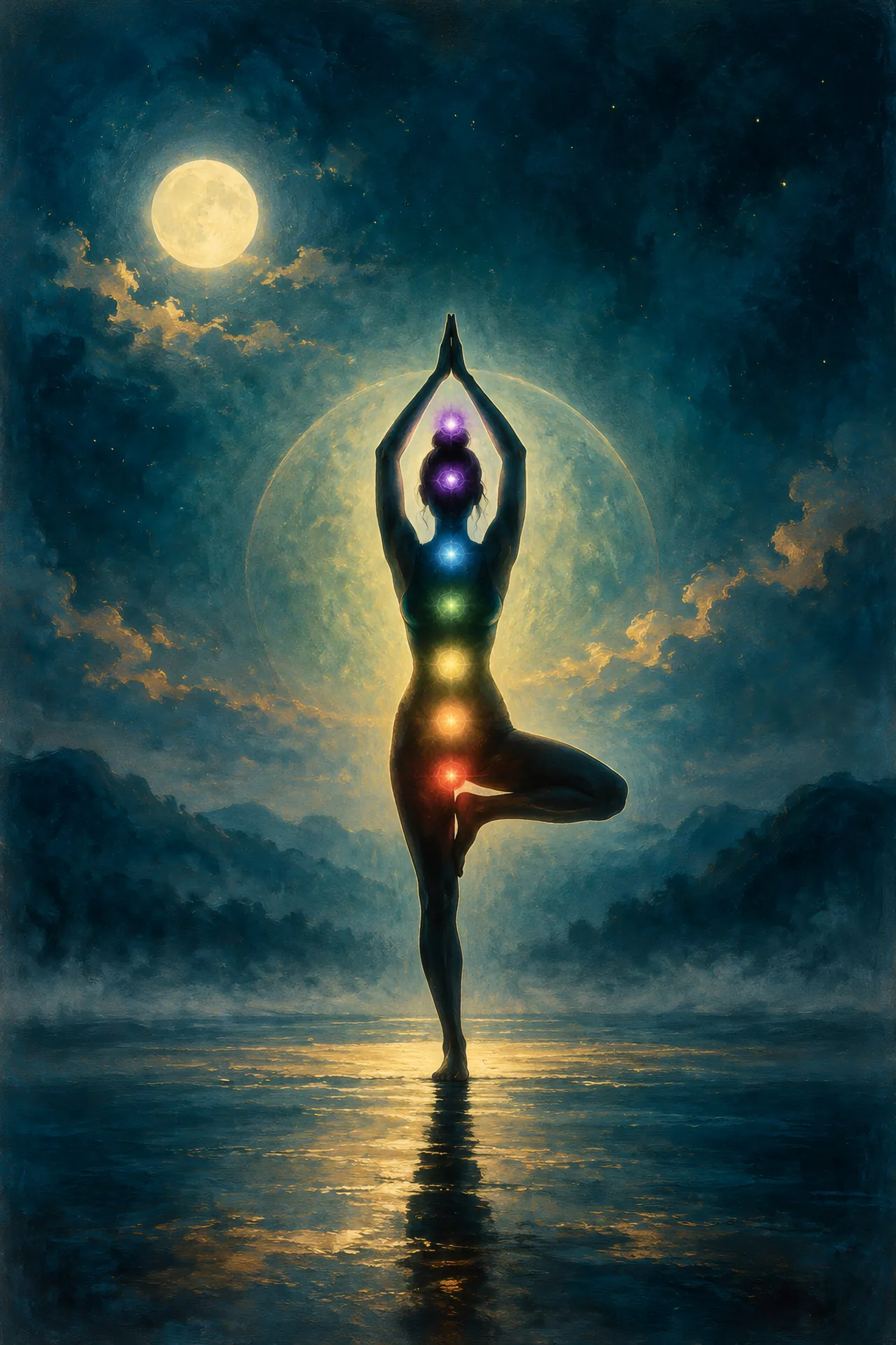 Luminous acrylic and glaze painting of a silhouetted figure in Tree Pose with joined palms above the head and seven glowing chakra lights against deep teal.