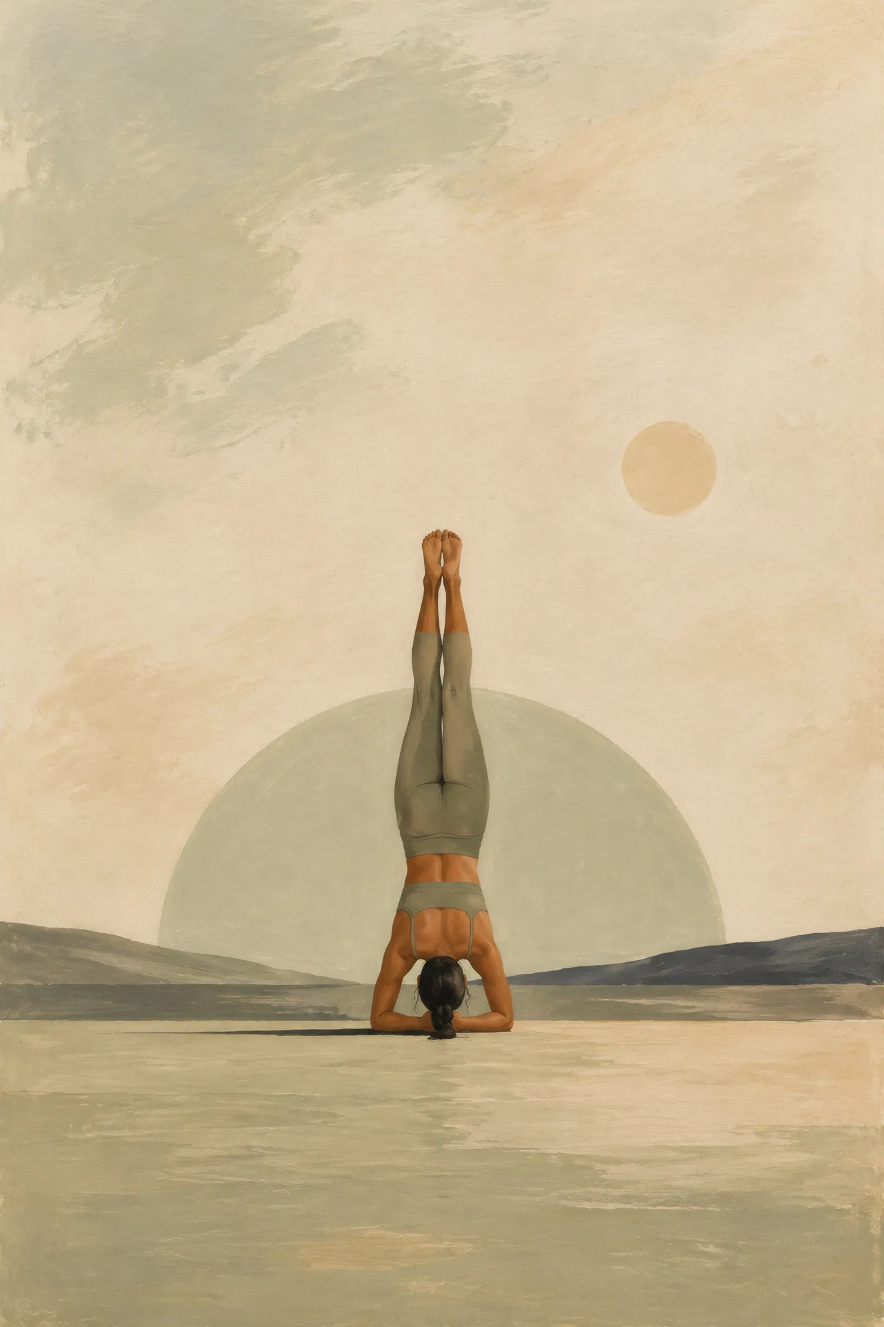 Minimalist Japandi gouache painting of a South Asian woman with a long dark braid holding Headstand on a horizon line beneath a small round moon.