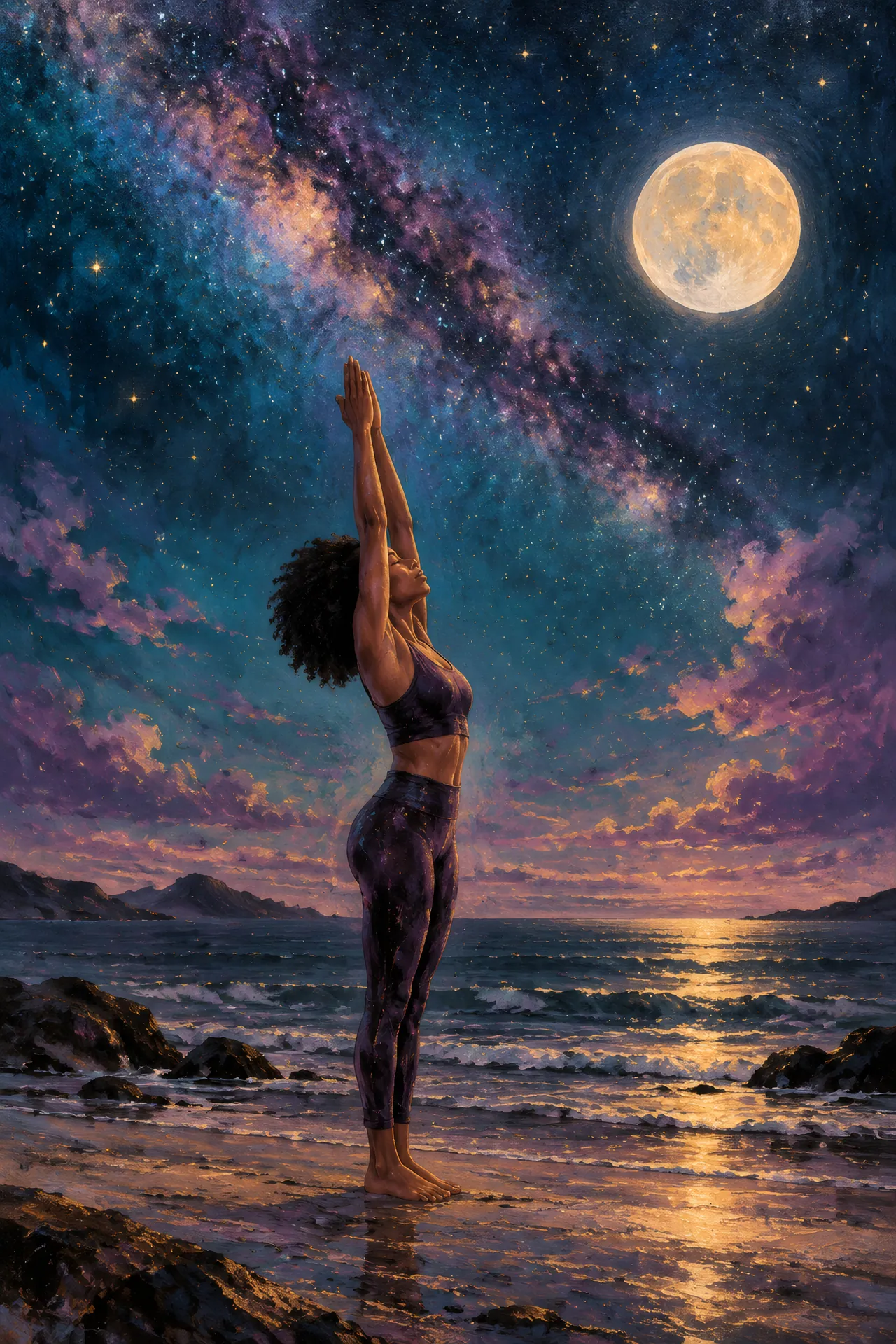 Night-sky acrylic painting of a Black woman in Upward Salute on a quiet shore, raising both arms beneath a glowing full moon, stars, and the Milky Way.