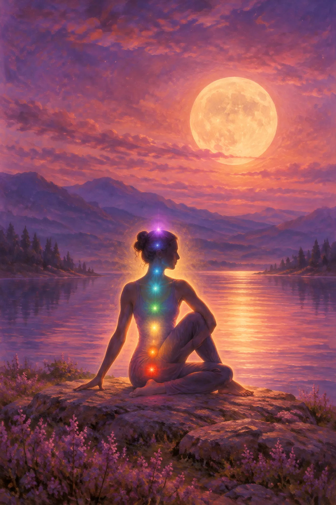 Luminous acrylic and glaze painting of a calm silhouetted figure in Seated Twist before a full moon, with seven colored chakra lights along the spine against a purple and rose sky.