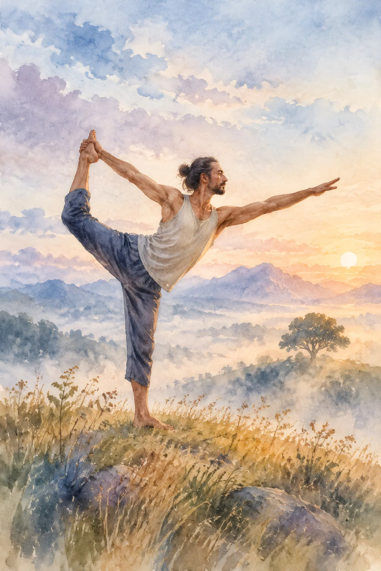 Watercolor painting of a bearded man holding Dancer's Pose on a grassy hill, with one tree on the horizon beneath a pale blue and peach sky.