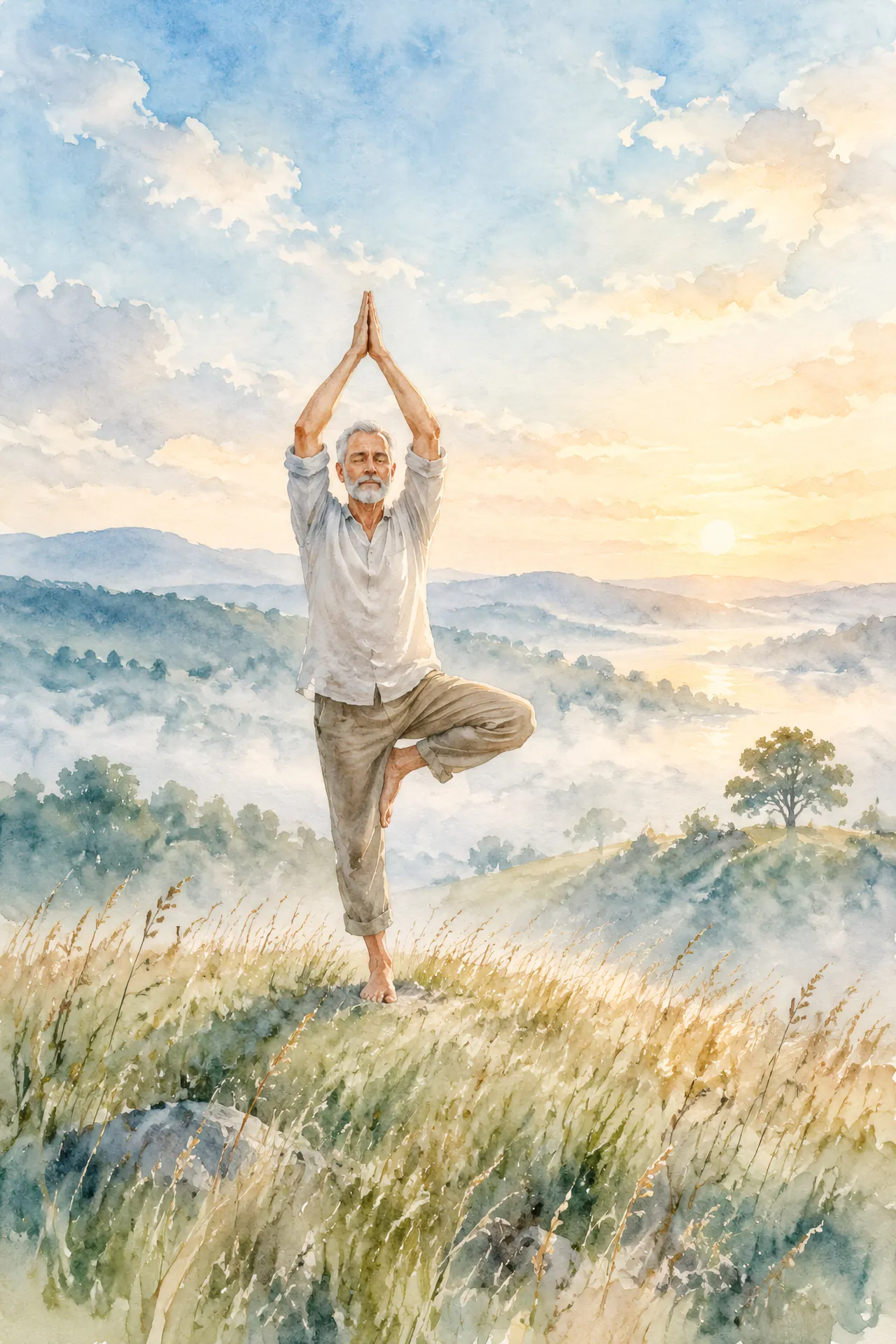 Watercolor painting of an older man with a short white beard holding Tree Pose on one leg atop a grassy hill, with joined hands above his head and a lone tree on the horizon.