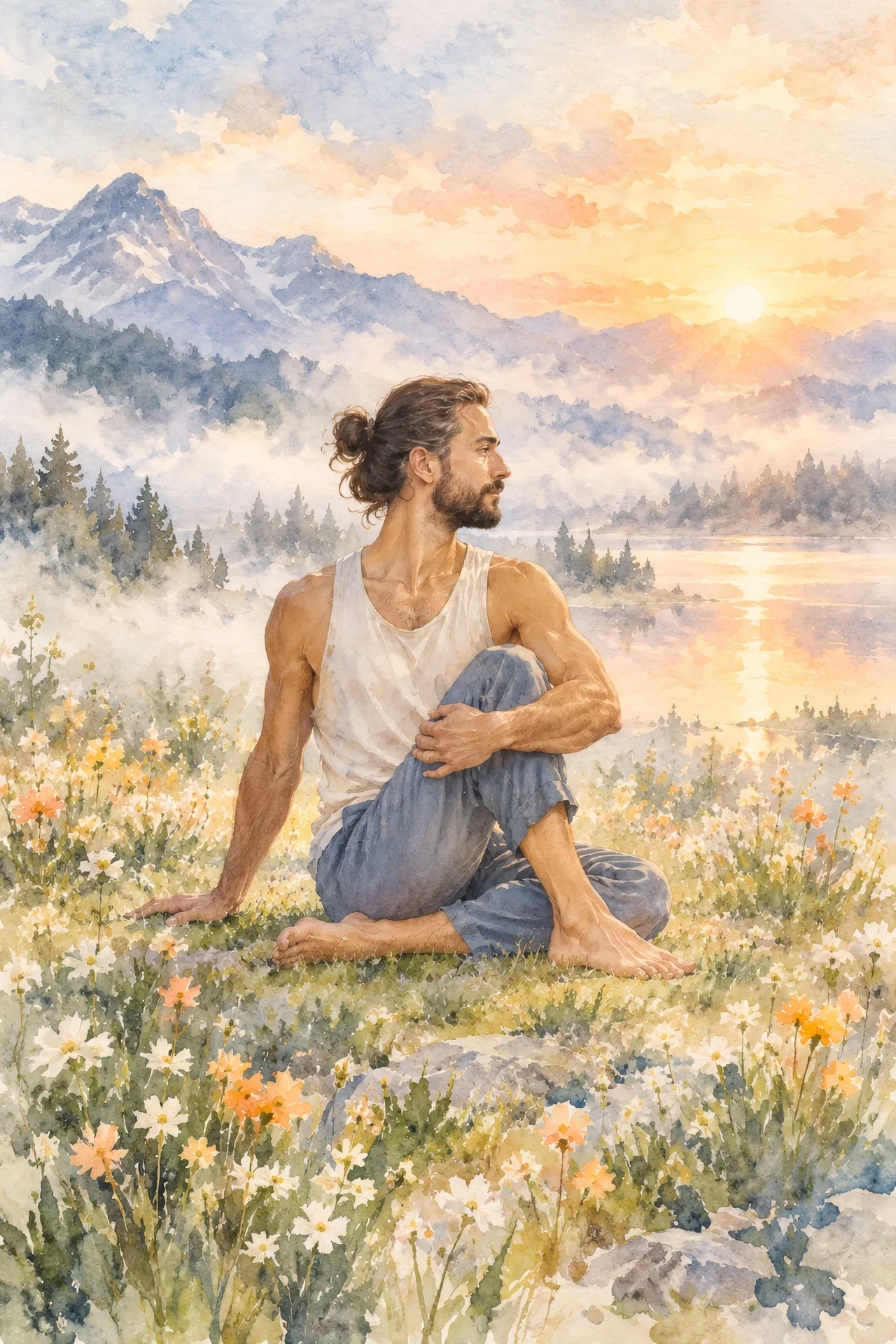 Watercolor painting of a bearded man with tied-back hair in Seated Twist among meadow wildflowers, painted in warm gray, dusty blue, apricot, and white morning haze.