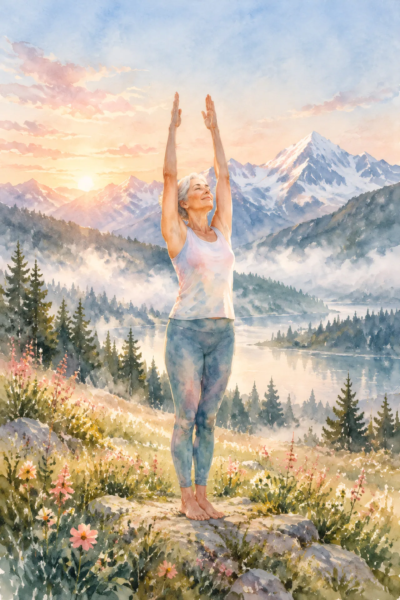 Watercolor painting of an older silver-haired woman standing with feet together and arms raised overhead in a misty meadow before distant snowy mountains.