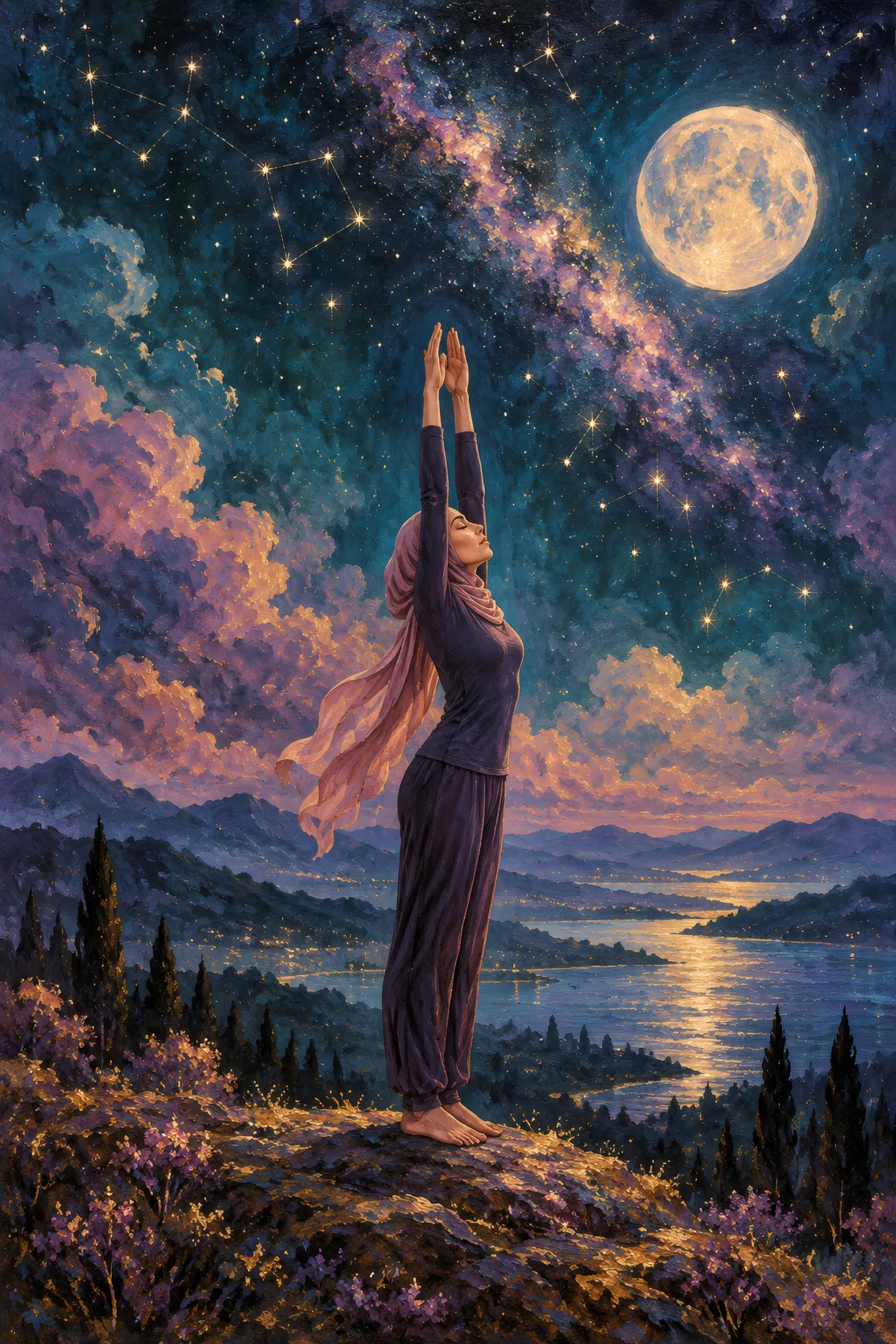 Night-sky acrylic painting of a woman in a headscarf standing with both arms overhead beneath a glowing moon and gold constellations in a teal and violet sky.