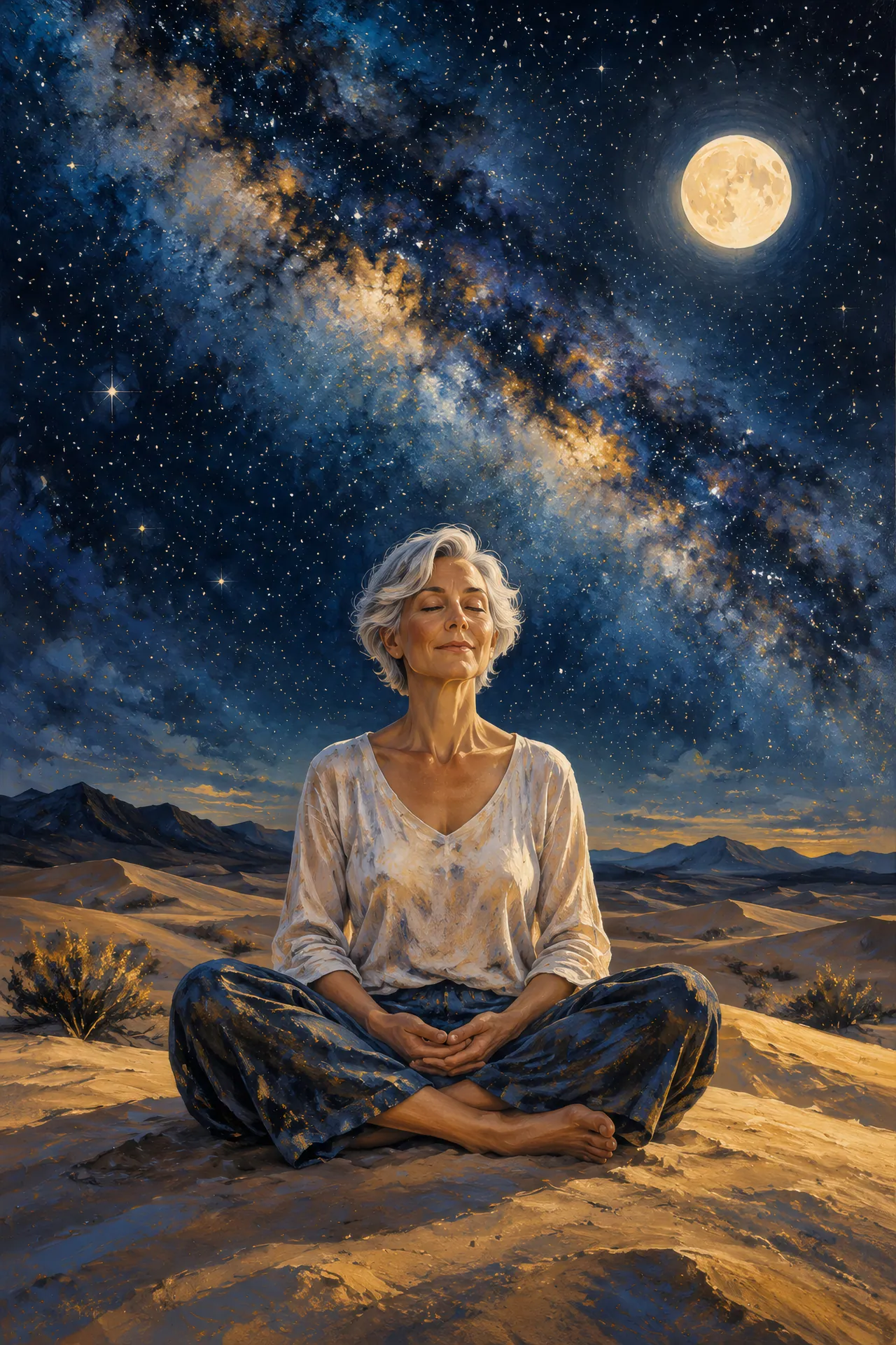 Night-sky acrylic painting of an older silver-haired woman seated cross-legged on a desert dune beneath the starry Milky Way and a glowing moon.