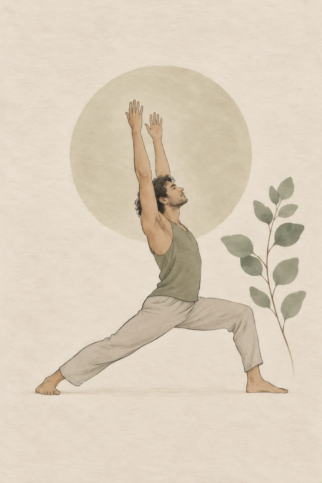 Minimalist Japandi gouache painting of a dark-haired man holding Warrior I with both arms raised beside a eucalyptus branch on a pale open background.