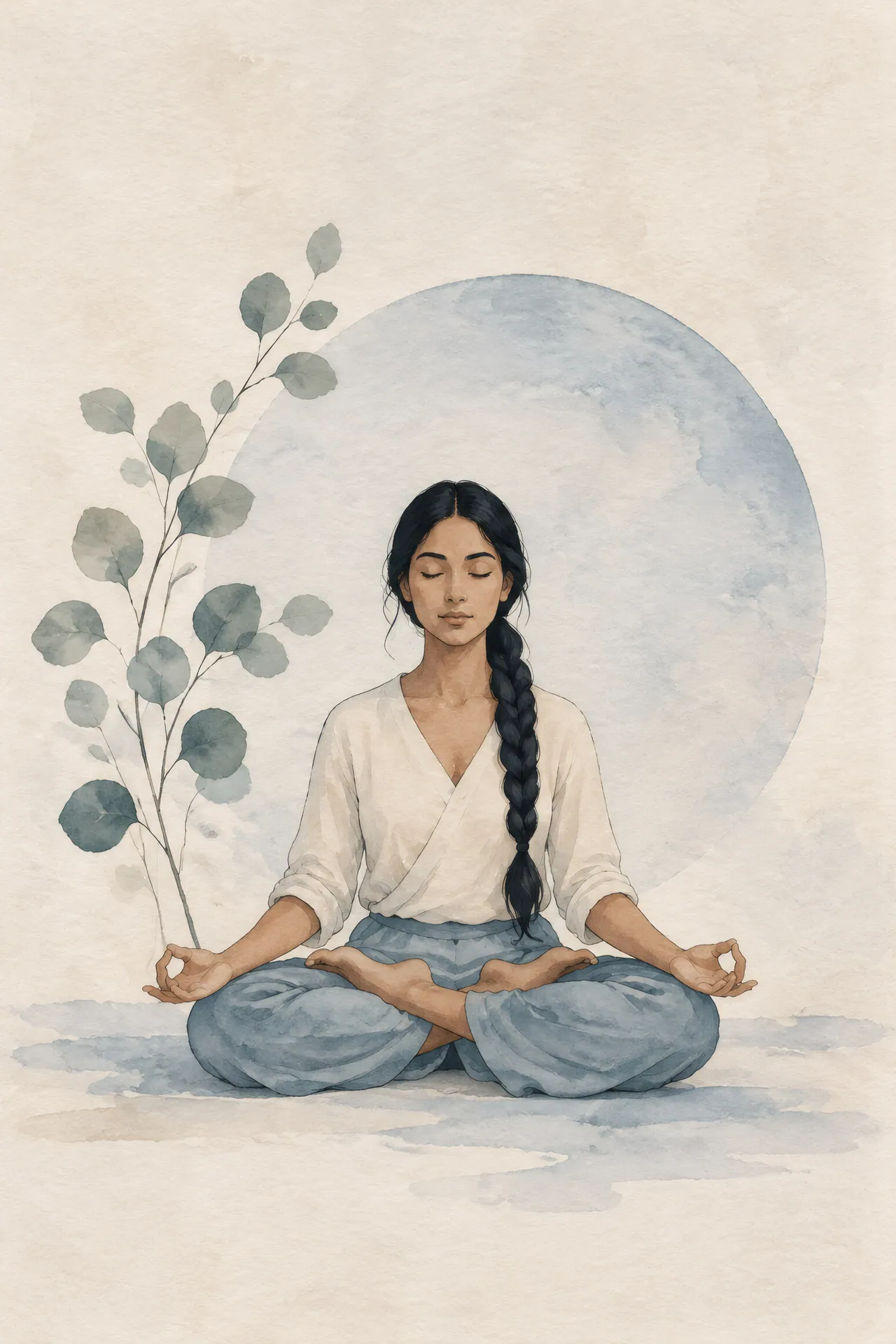 Minimalist Japandi gouache painting of a South Asian woman with a long dark braid seated in Lotus Pose beside eucalyptus leaves, with dusty blue and ivory washes.
