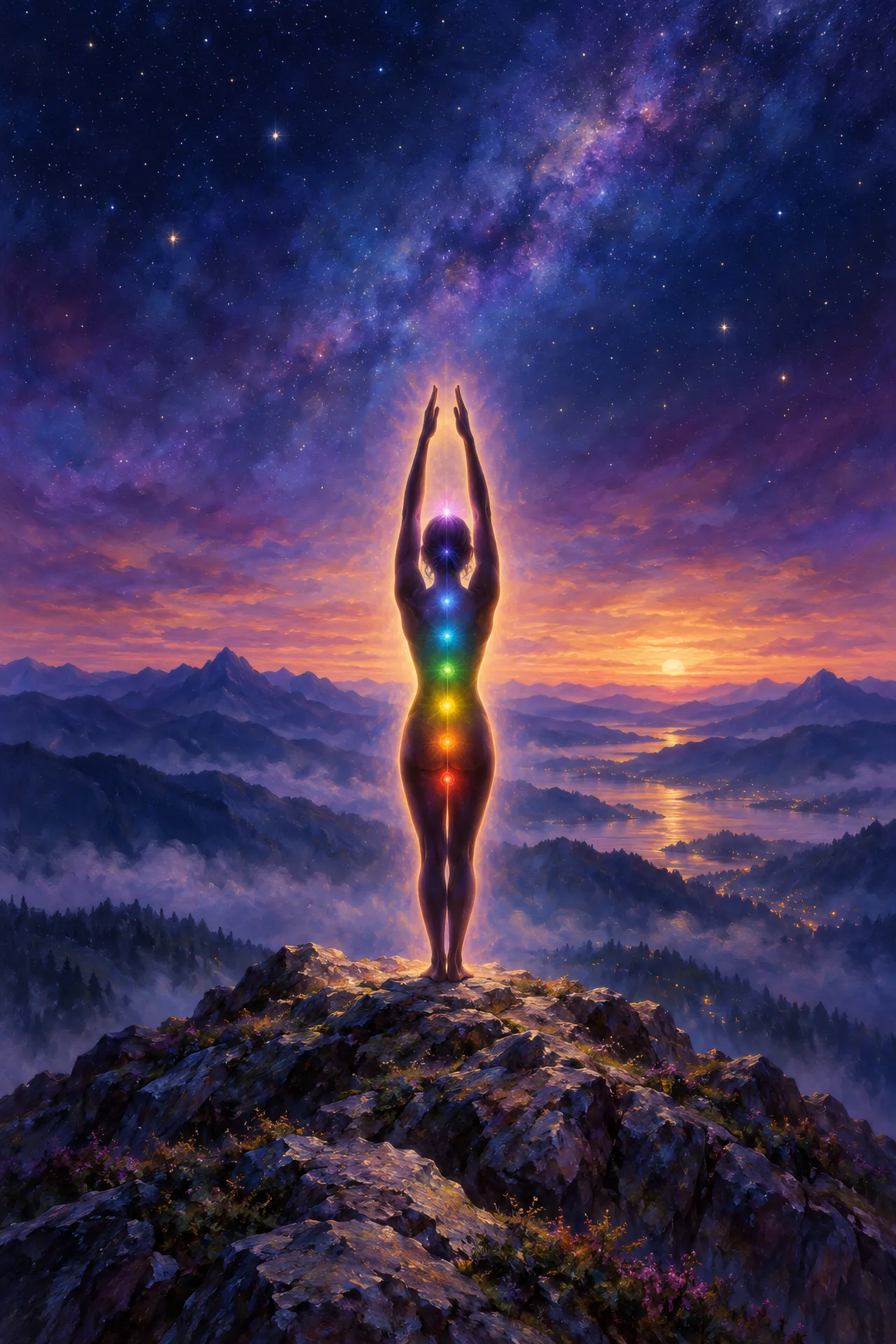 Luminous acrylic and glaze painting of a calm silhouette in Upward Salute on a mountain summit, with seven glowing chakra lights beneath a plum and blue starry sky.