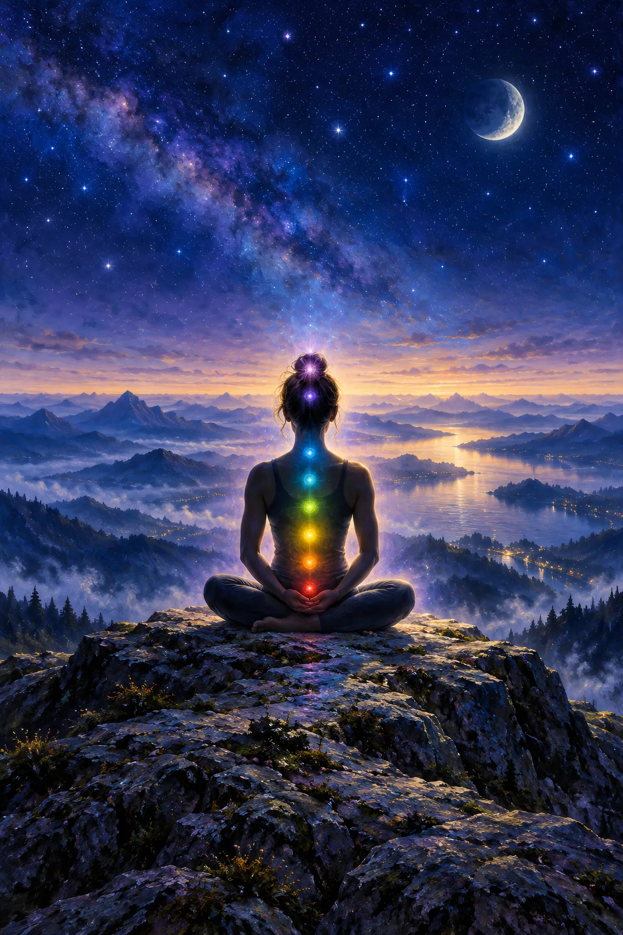 Luminous acrylic and glaze painting of a seated meditation silhouette on a mountain summit, with seven glowing chakra points against a midnight blue starry sky.
