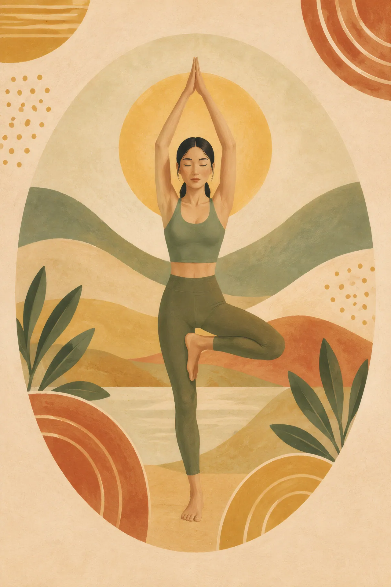 Mid-century boho abstract painting of an East Asian woman in Tree Pose, with joined palms above her head, surrounded by sage hills, rust arches, and a soft mustard sun.