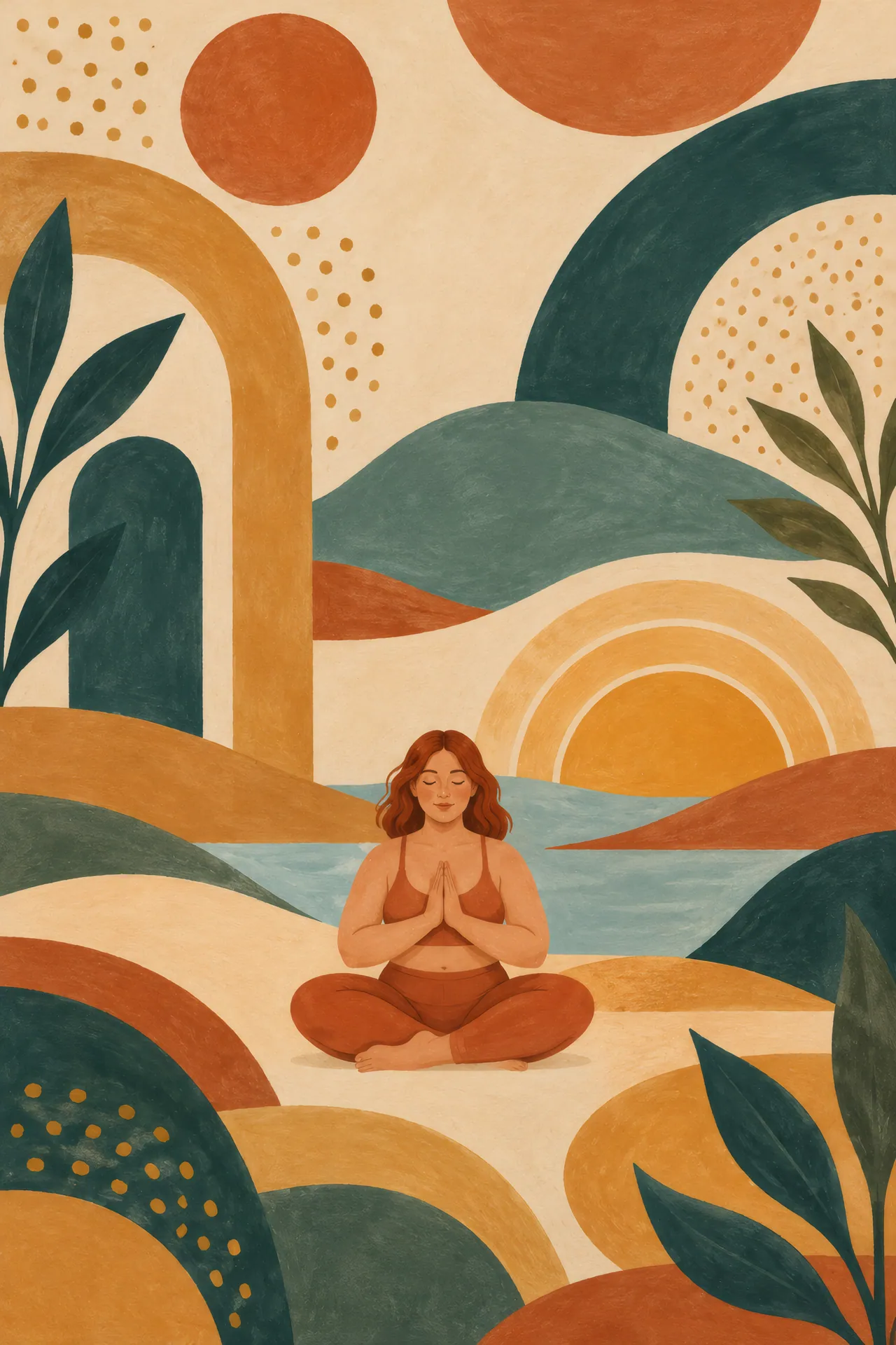 Mid-century boho gouache painting of a curvy woman with auburn hair seated cross-legged in prayer beside a rising sun, surrounded by ochre, teal, clay, and off-white arches and leaves.