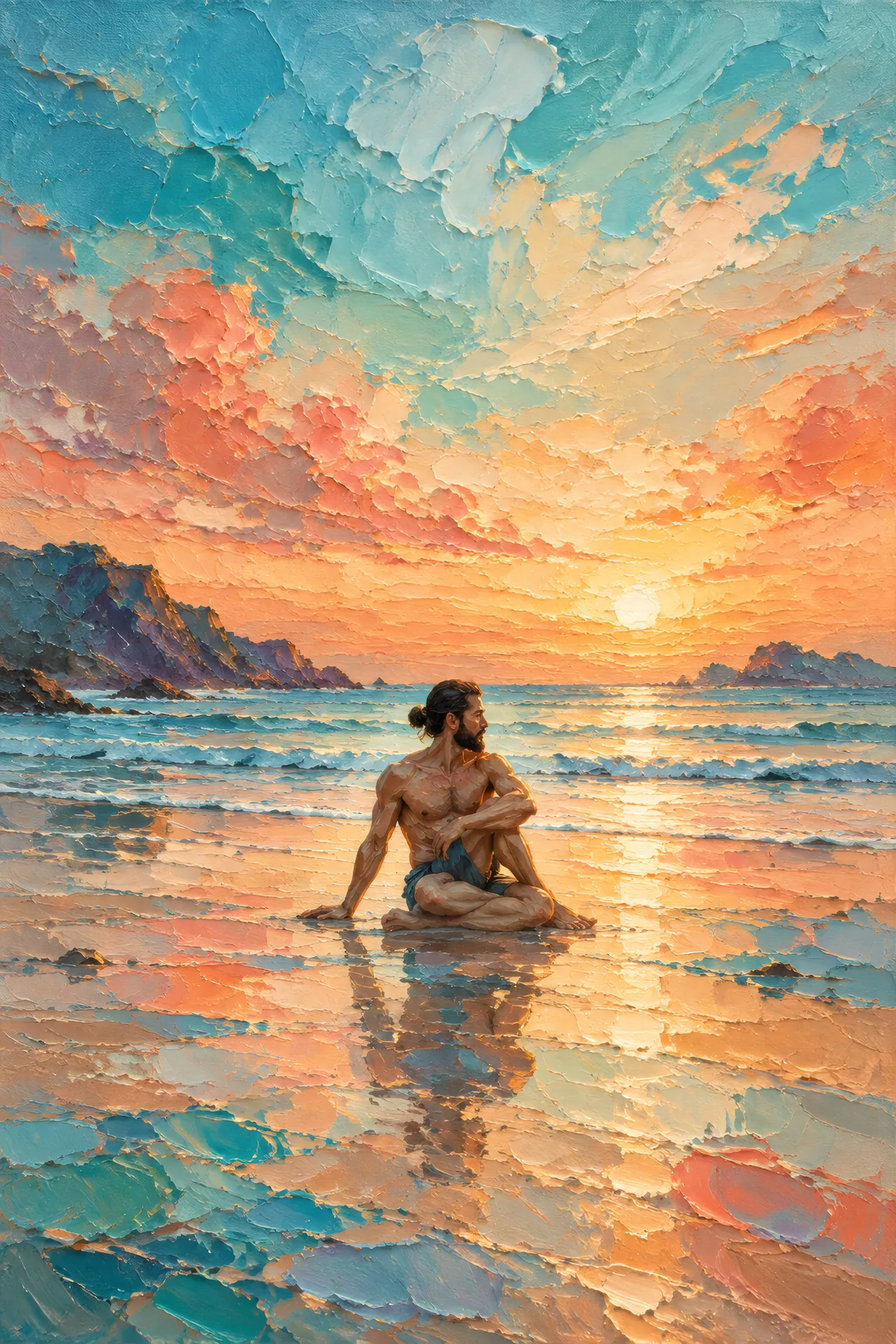 Palette-knife acrylic painting of a bearded man in Seated Twist on a quiet beach, with long reflections on wet sand and thick teal, coral, and turquoise paint.
