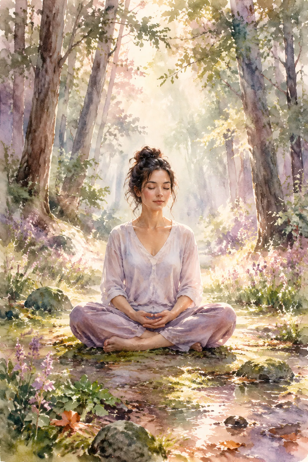Watercolor painting of a dark-haired woman seated cross-legged with closed eyes and hands in her lap, surrounded by pale green trees and soft violet and rose light.