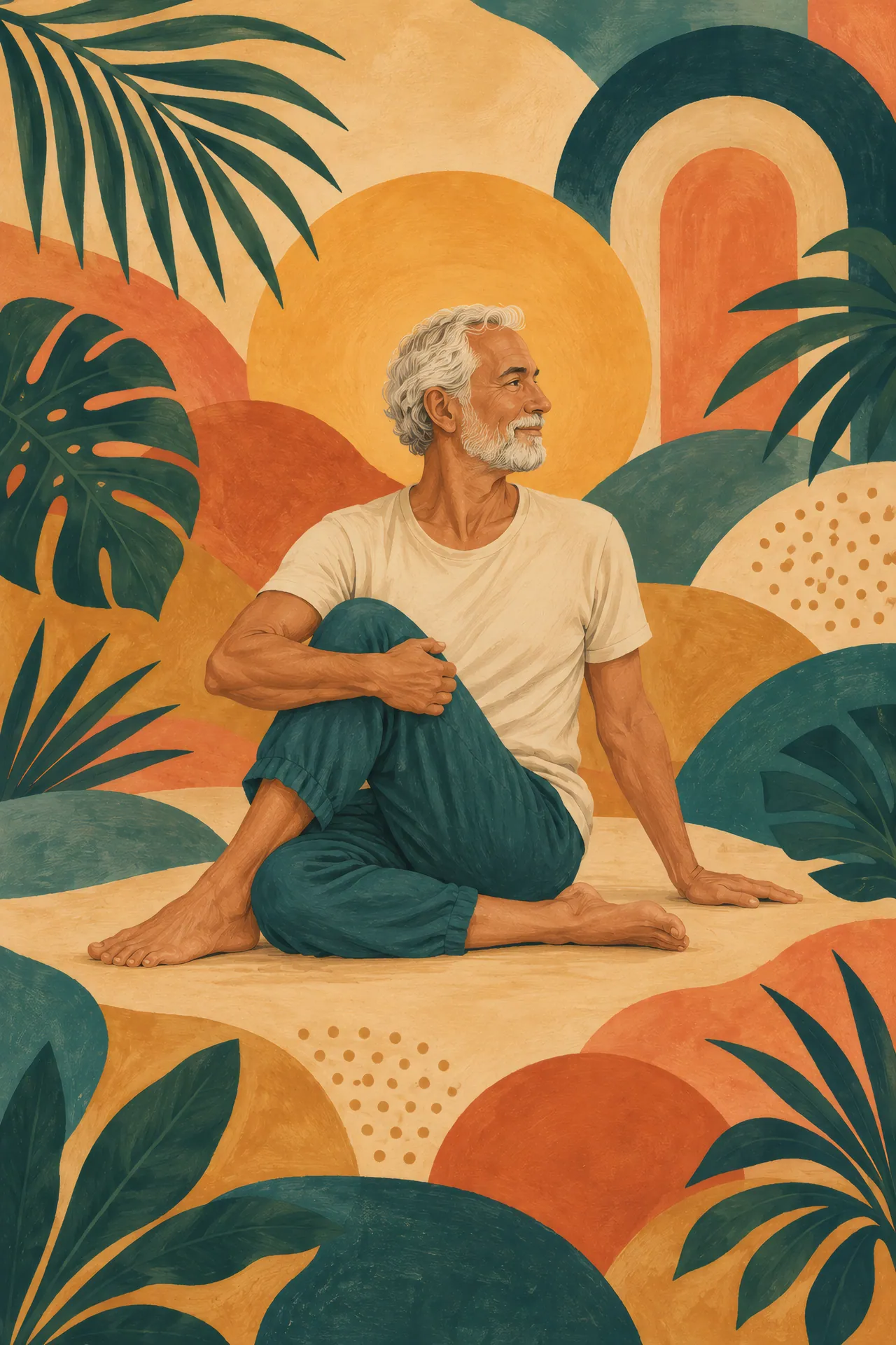 Mid-century boho gouache painting of an older white-bearded man in Seated Twist, surrounded by stylized tropical leaves, arches, and warm teal, ochre, coral, and sand shapes.