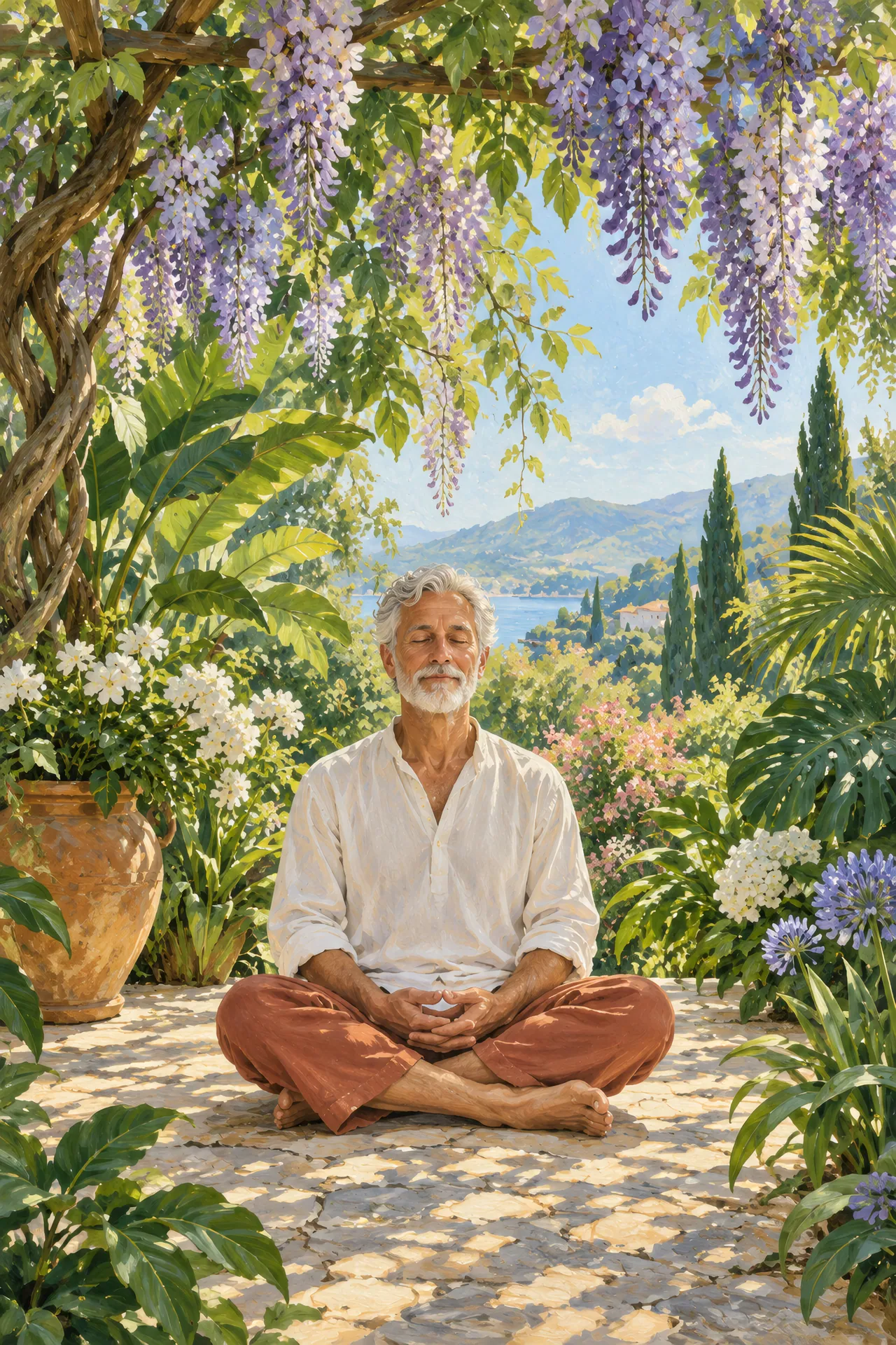 Botanical gouache painting of an older bearded man sitting cross-legged beneath blooming wisteria, surrounded by layered green leaves in dappled light.