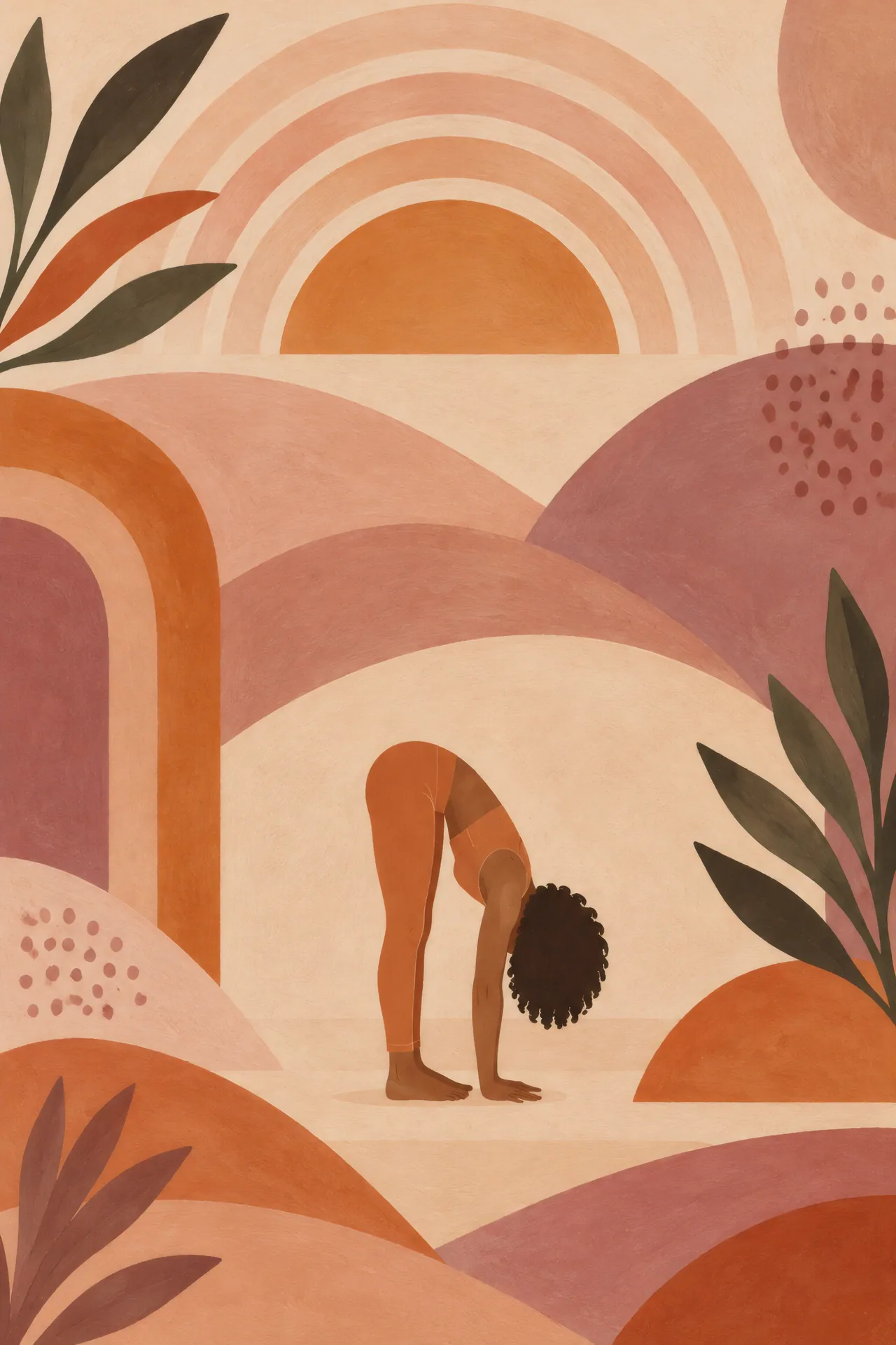 Mid-century boho abstract painting of a Black woman with curly hair in Standing Forward Fold among burnt orange arches, dusty rose hills, mauve leaves, and an ivory half sun.