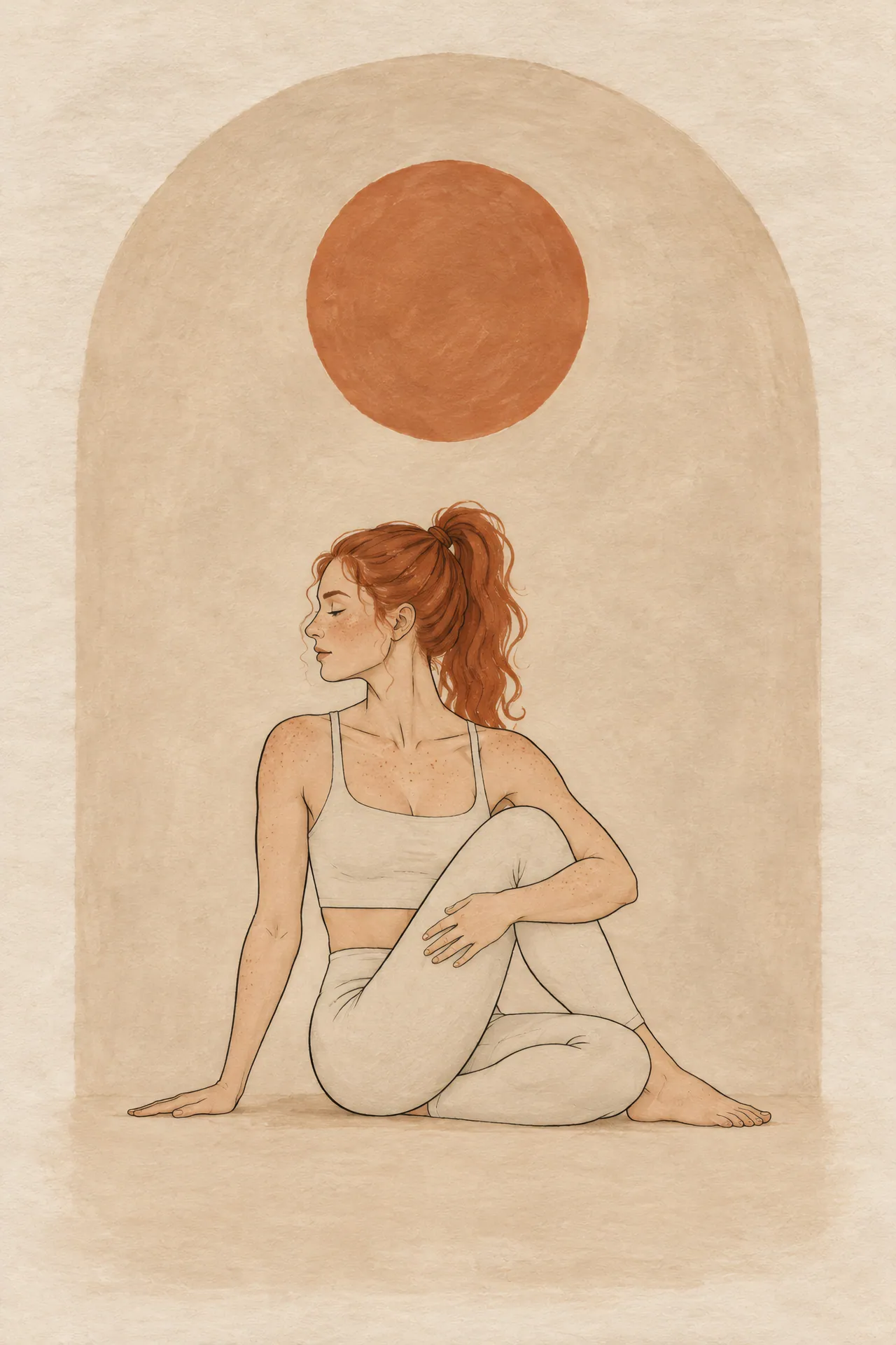 Minimalist Japandi gouache painting of a red-haired woman with freckled shoulders in Seated Twist, framed by a rounded arch in oat, linen white, and terracotta.