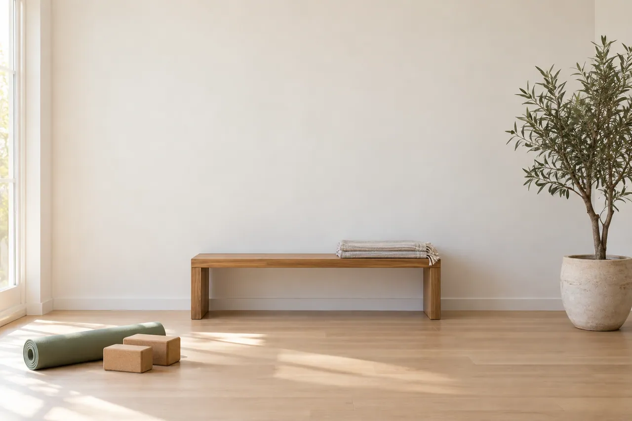 A bright yoga room with an empty white wall above a 48 inch oak bench, the space where an 18 x 24 or 24 x 36 painting would hang