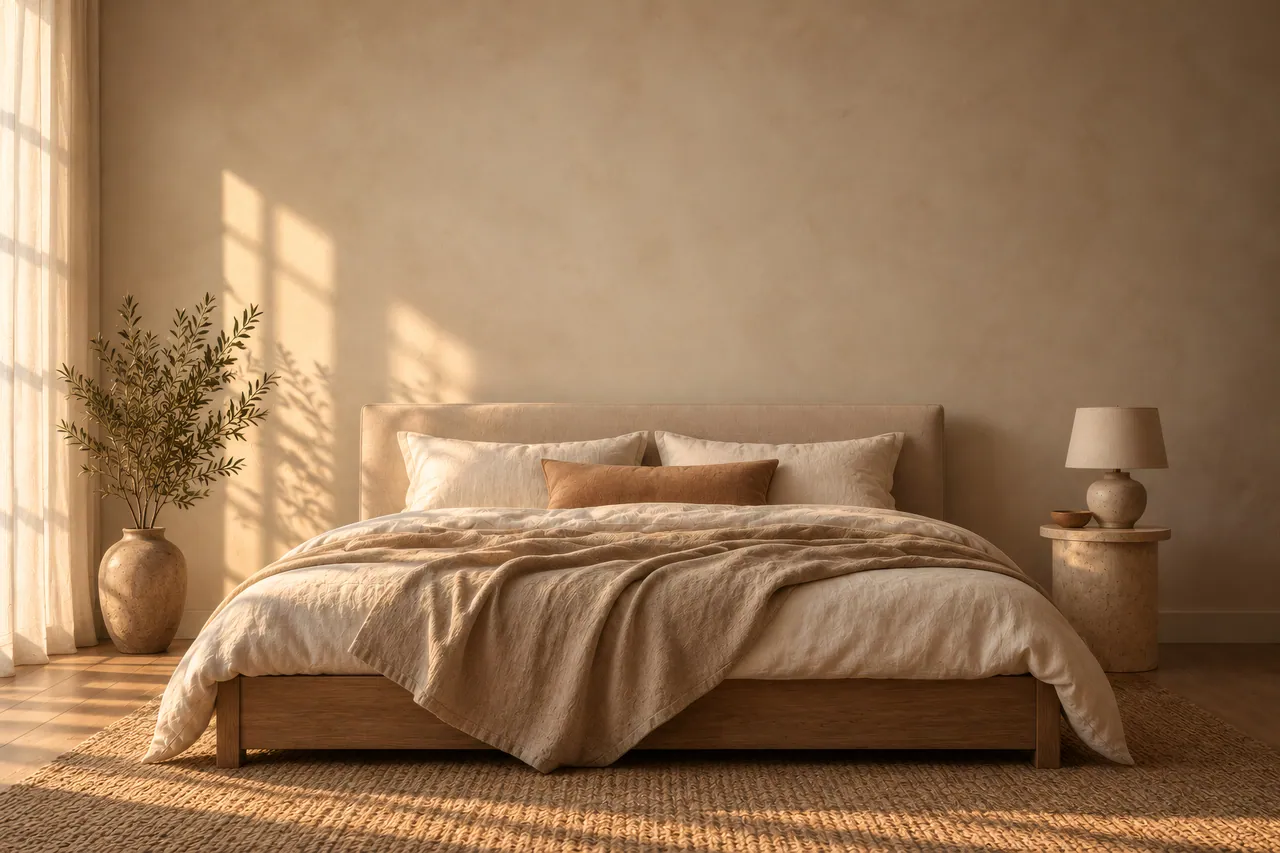 A morning bedroom with linen bedding and the painting hanging above the bed