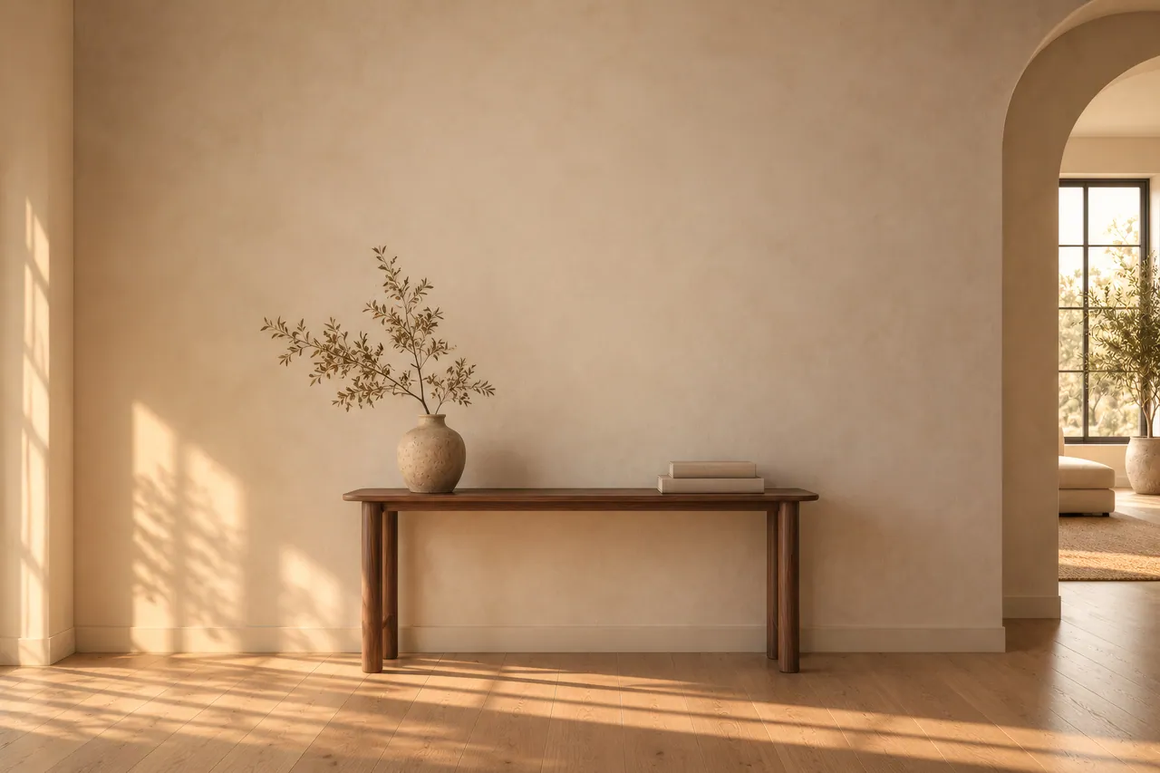 A sunlit entry hallway with a walnut console and the painting hanging above it