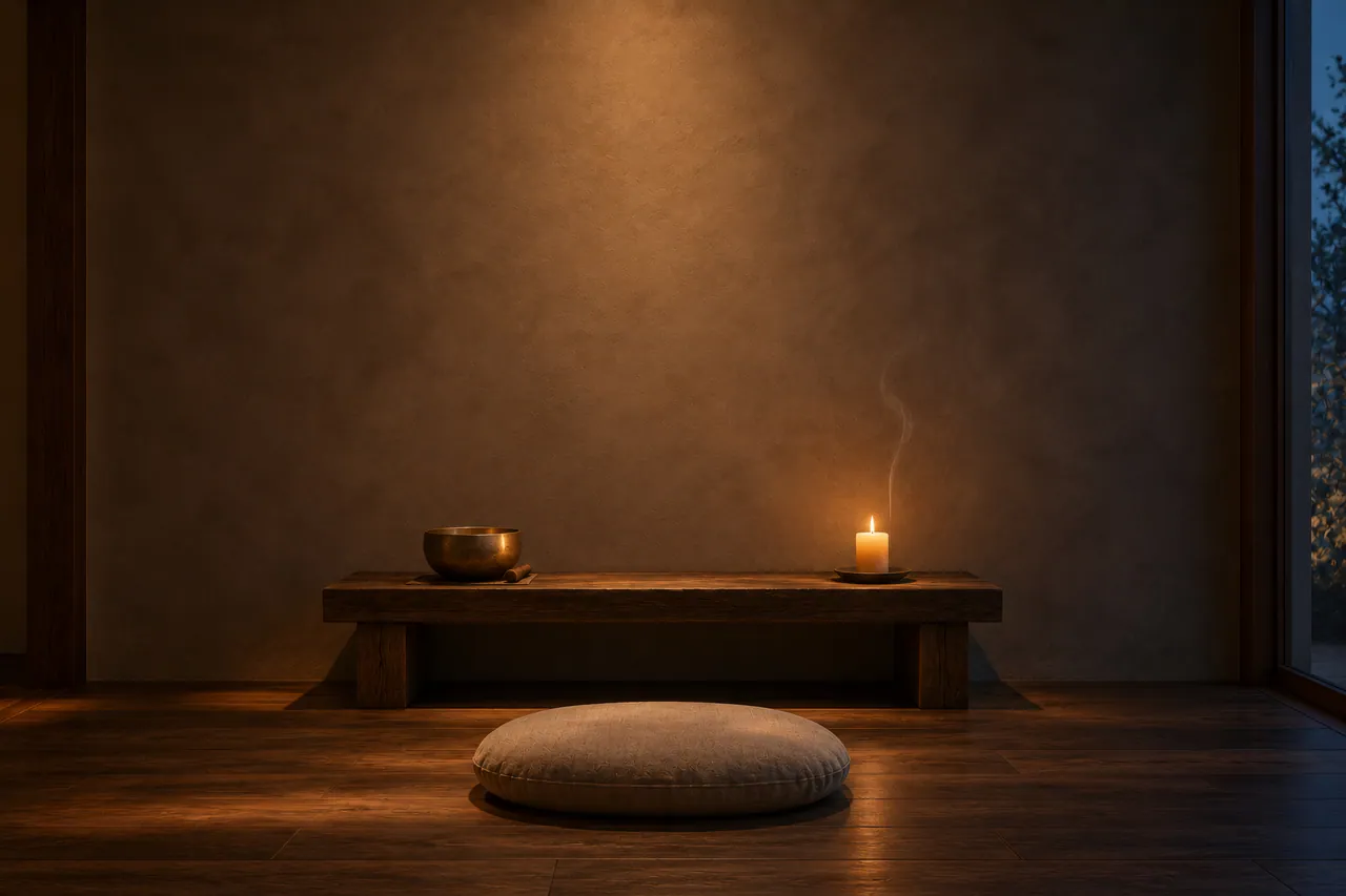 A candlelit meditation room at dusk with the painting hanging above a low bench