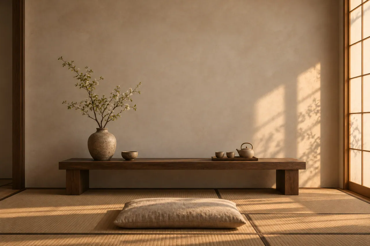 A Japandi tea room with a low oak bench and the painting hanging above it